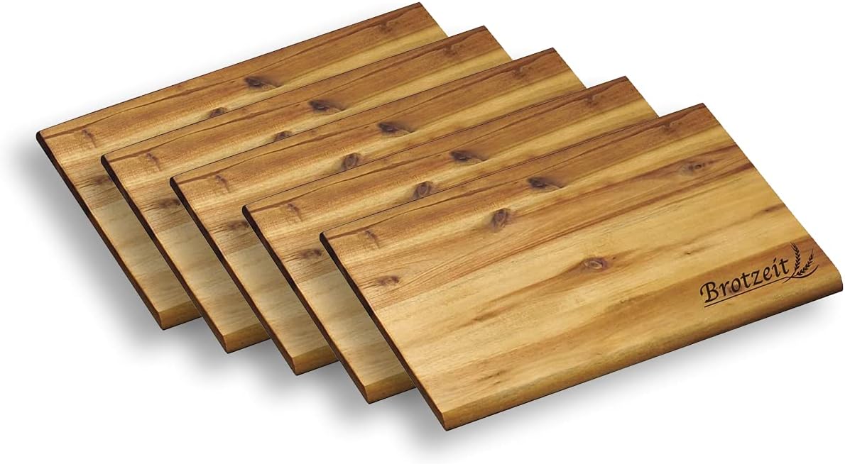 5er-Pack XL Frühstücksbrettchen mit Einbrand Brotzeit, 5er Pack XL Akazienholz