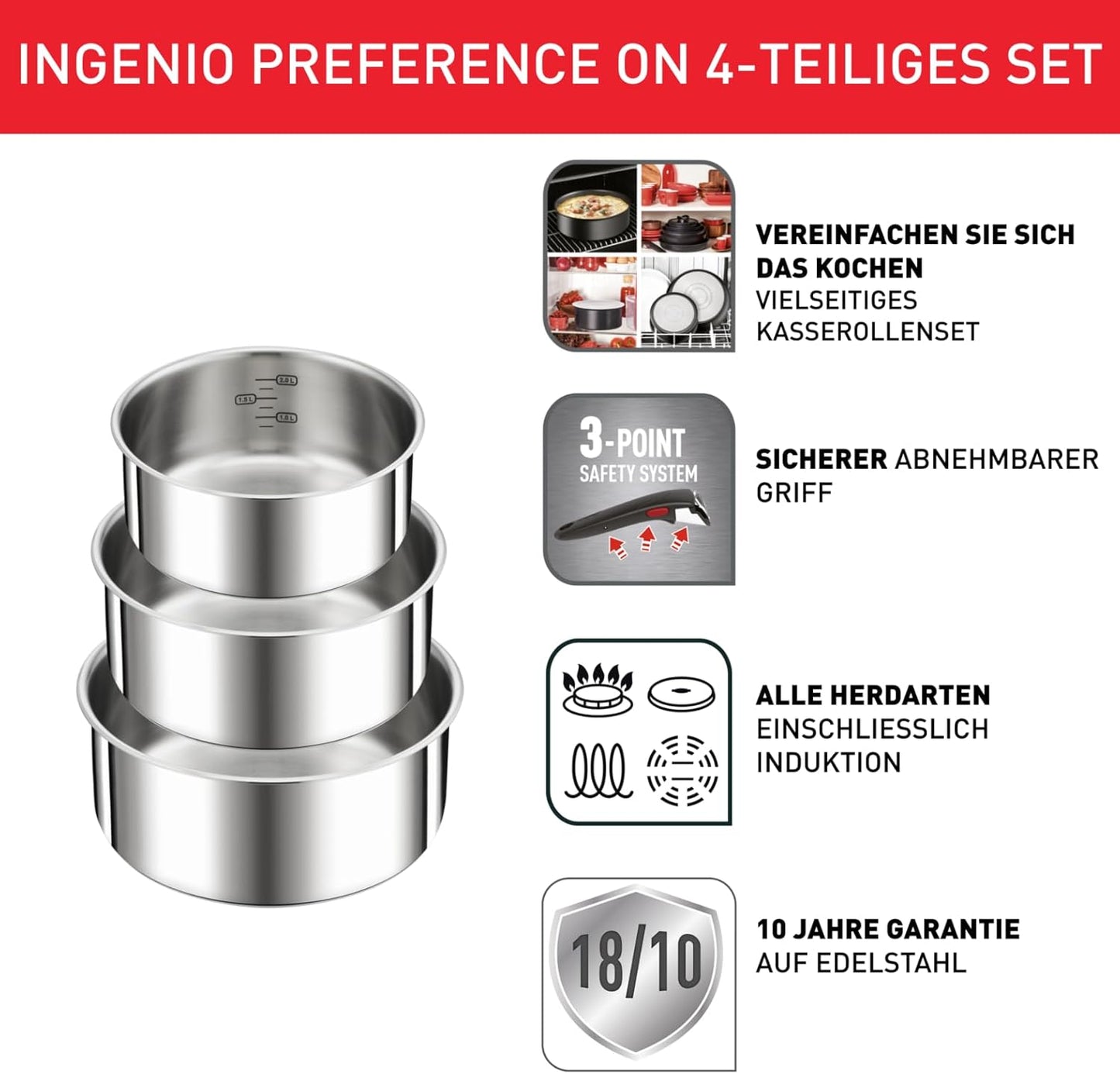 Ingenio Preference On Kasserollenset, Topfset 4-tlg - 16 cm/ 18 cm/ 20 cm/ Premium-Griff