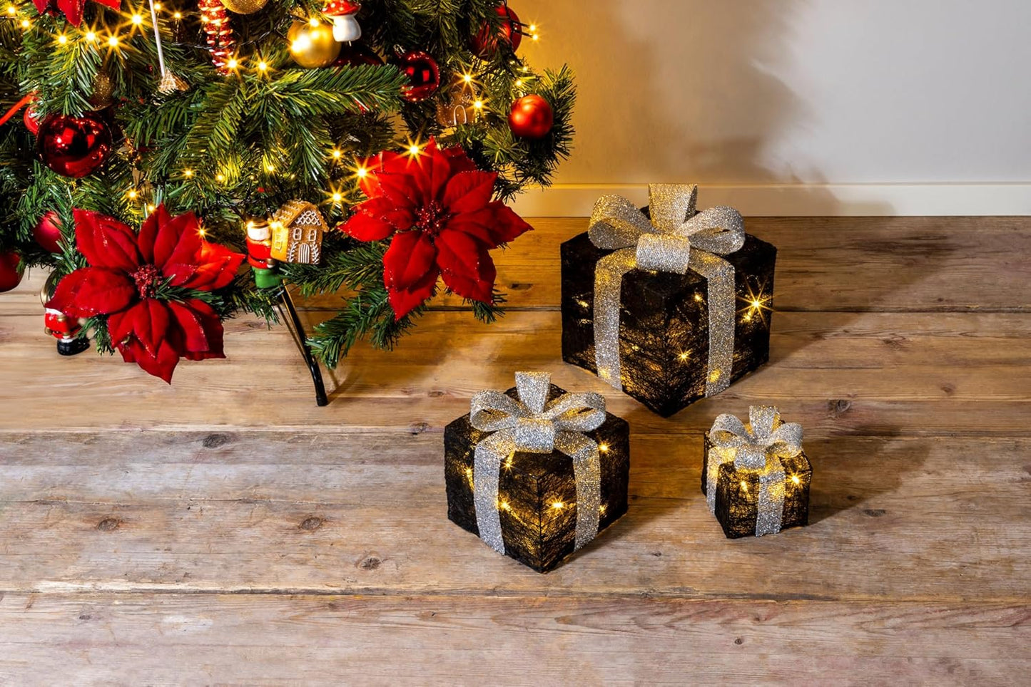 3er-Set LED-Geschenkboxen mit Timer, Schwarz-Silber