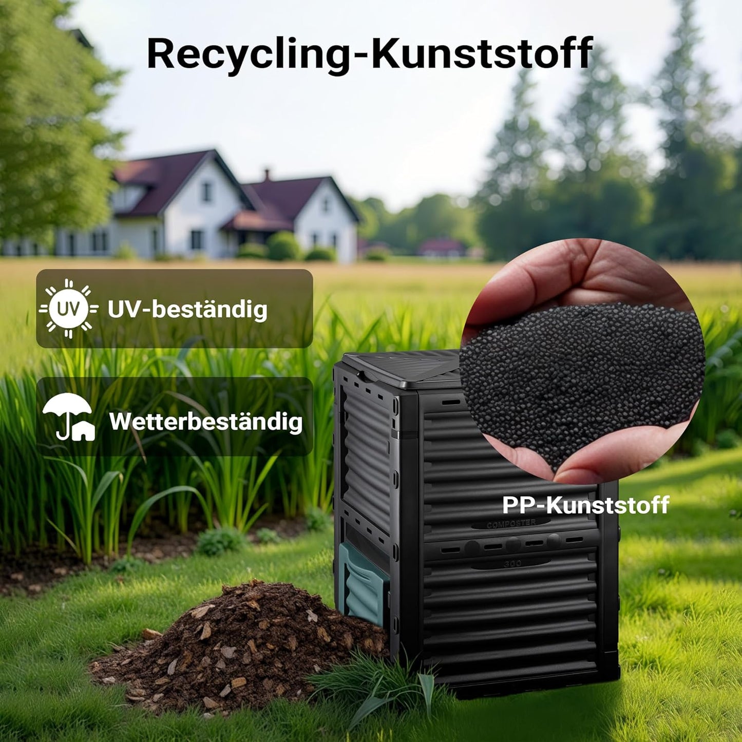 Gartenkomposter 300L mit Bodenklappe, Kunststoff 61x61x82 cm