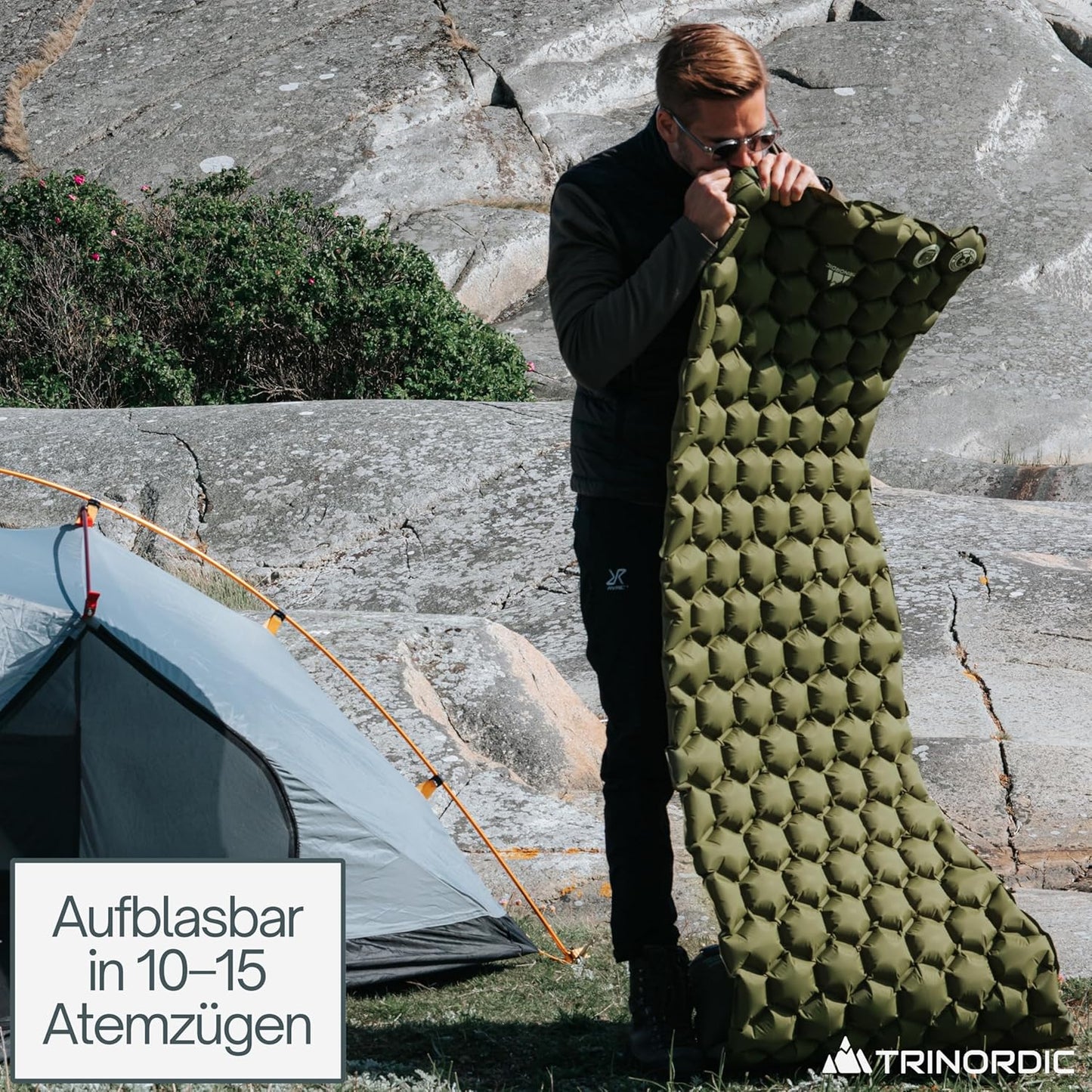 Aufblasbare Isomatte mit Kissen, Waldgrün mit Kissen