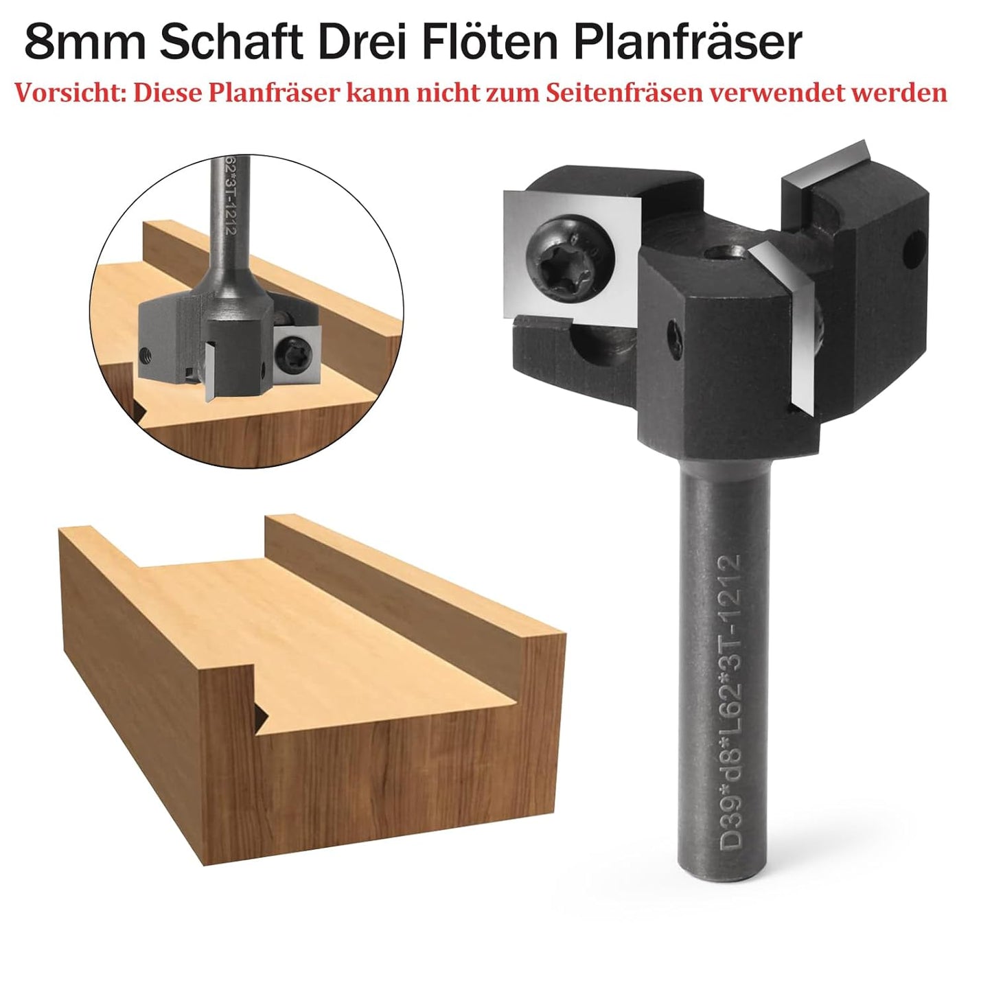 Planfräser mit Hartmetallmessern, S=8 mm, D=39 mm 3 Flöten