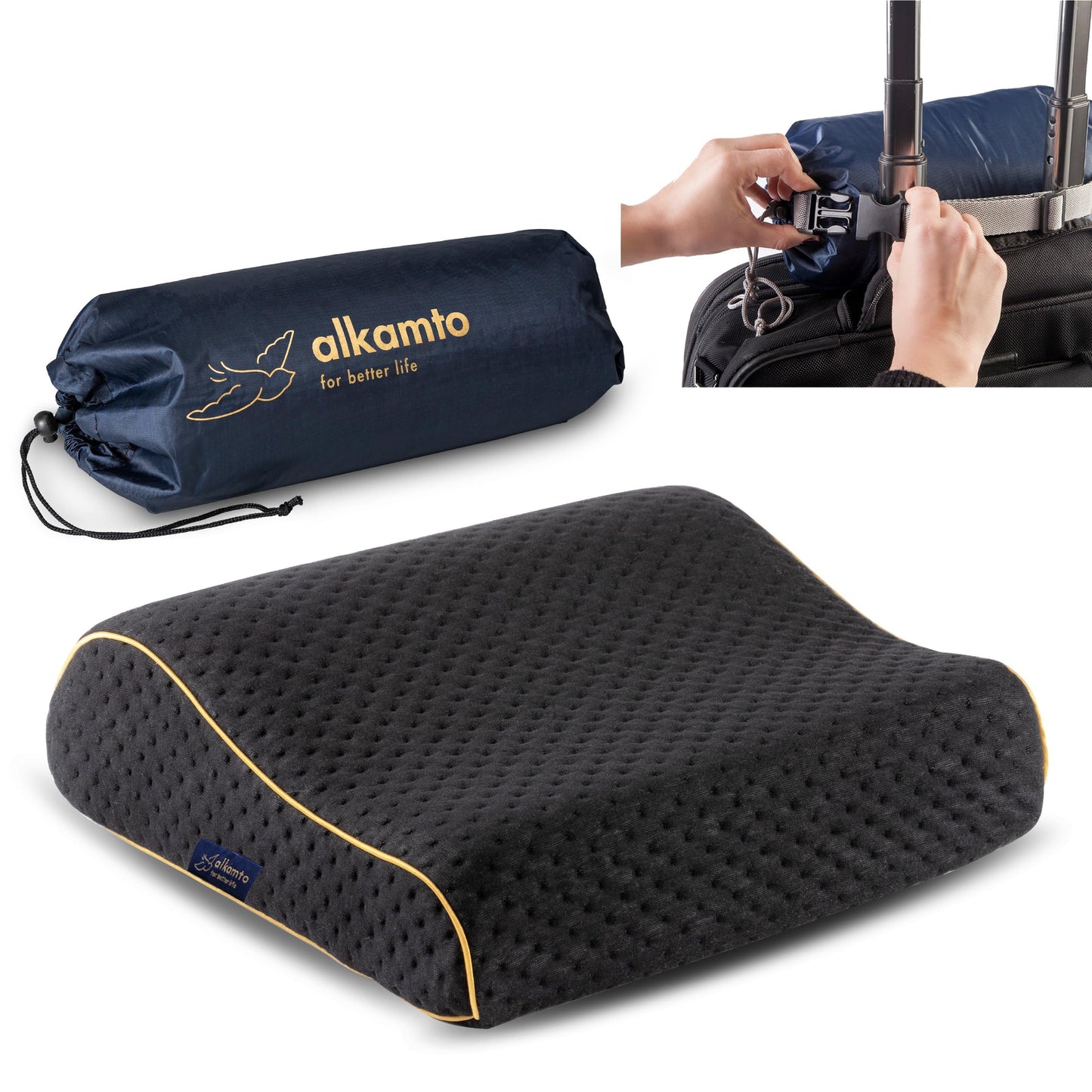 Ergonomisches Memory-Schaum-Kissen für Reisen und Camping, Schwarz - 35x30x10/8 Cm