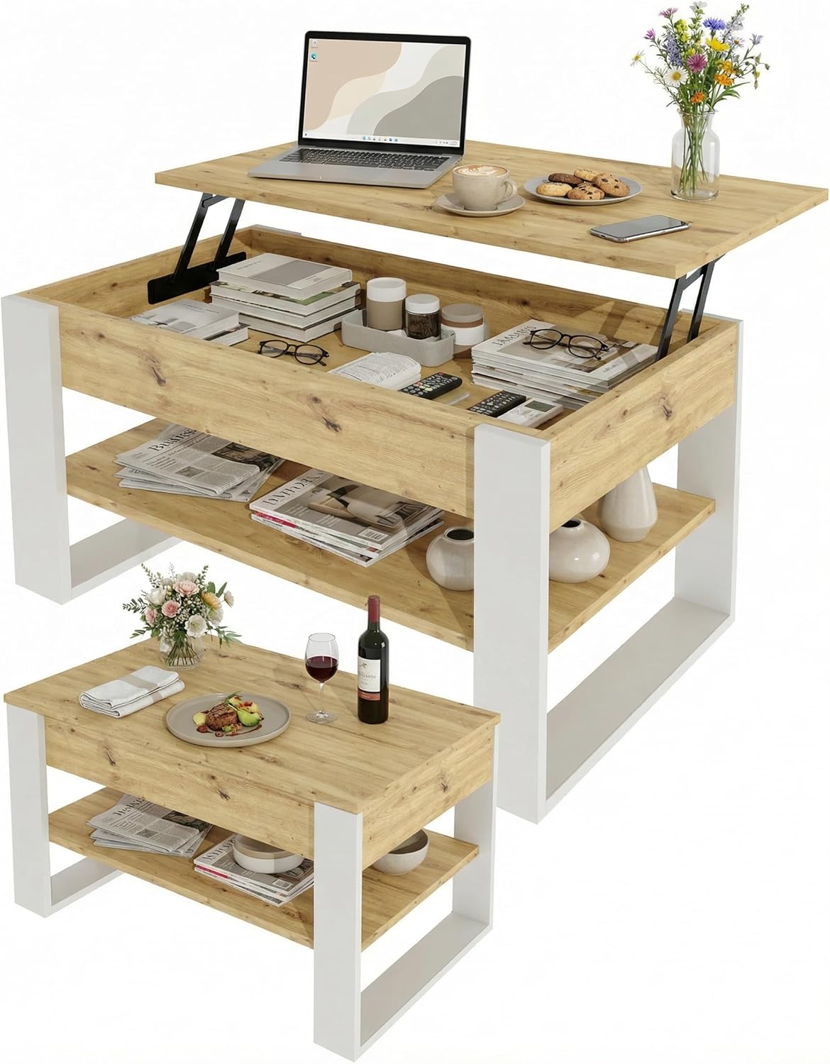 Höhenverstellbarer Couchtisch mit Stauraum, Eiche Artisan / Weiss