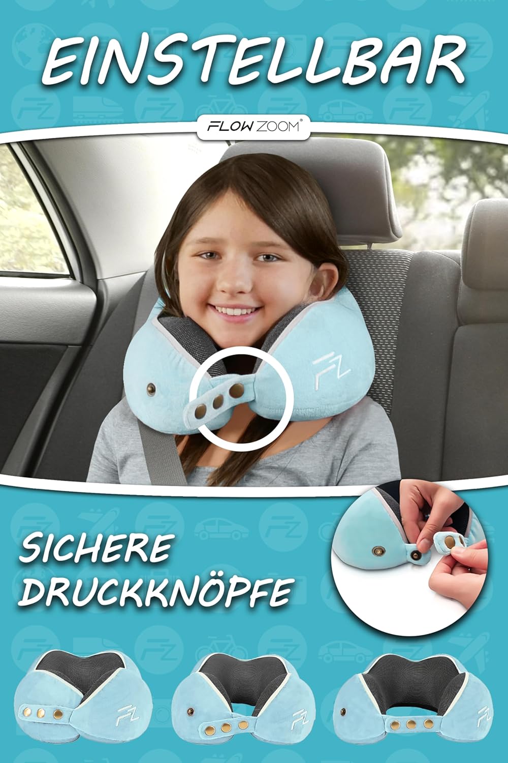 Einstellbares Kinder-Nackenkissen, 3.1. Comfy Kids M - Blau