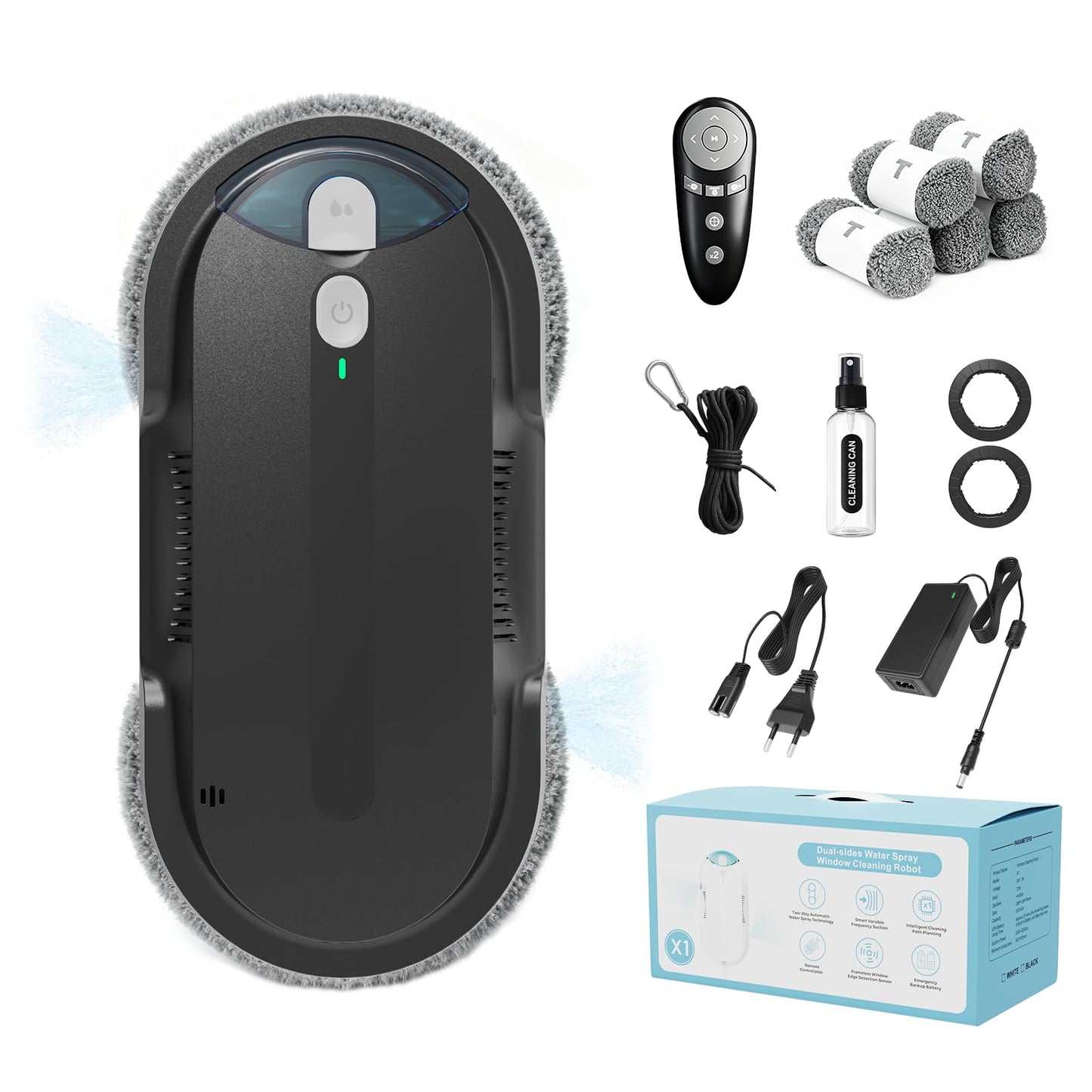 Fensterputzroboter mit bidirektionalem Ultraschall-Wasserstrahl, Schwarz