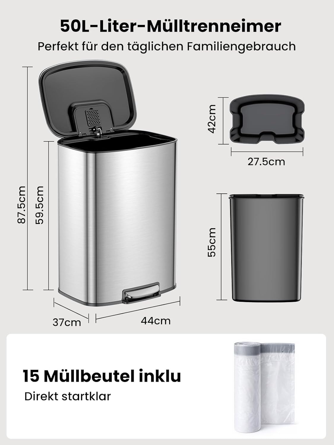 Treteimer mit Soft Close Deckel, Silber 50L