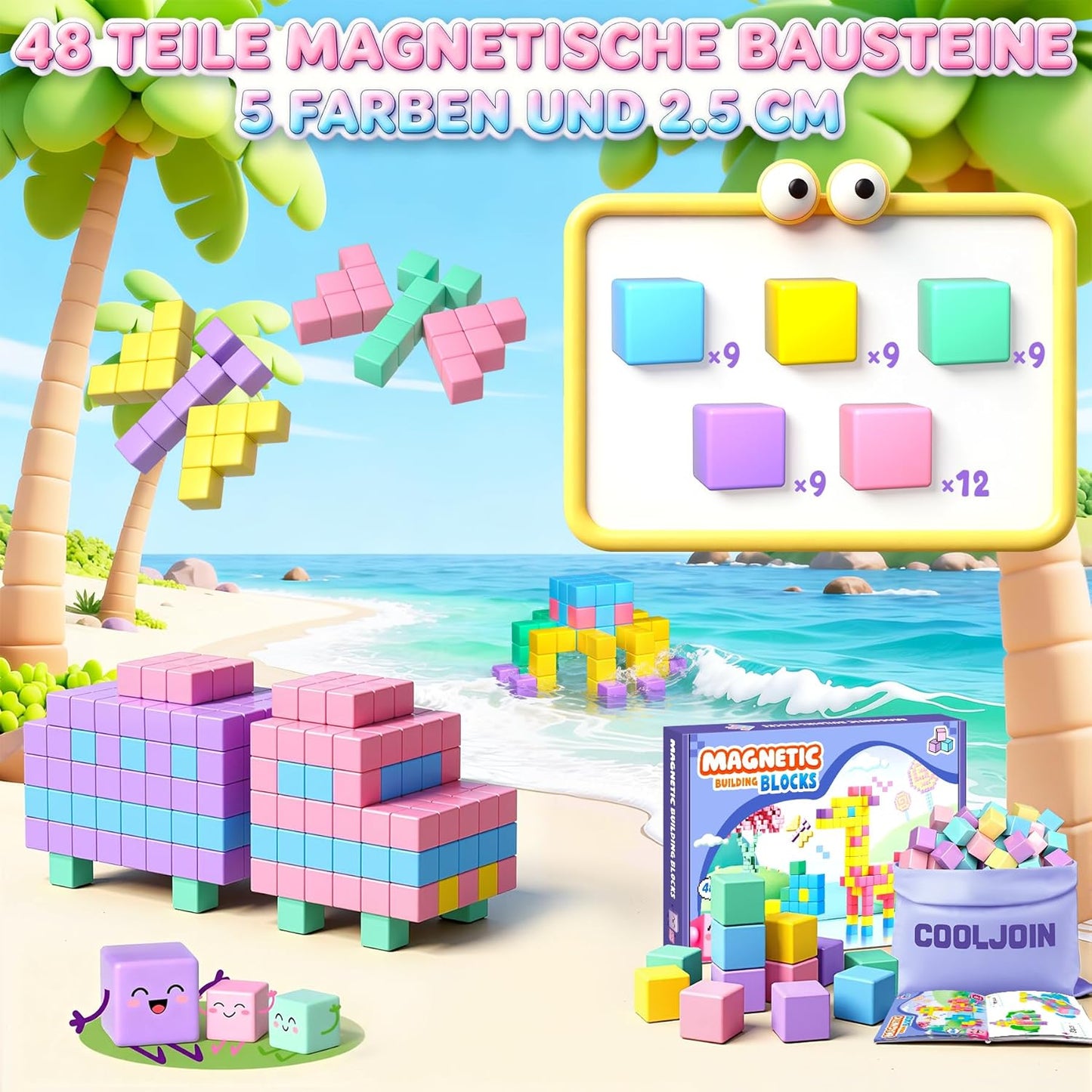 48-teiliges magnetisches Bausteine Set, Macaron-Farben, A-48 Stück