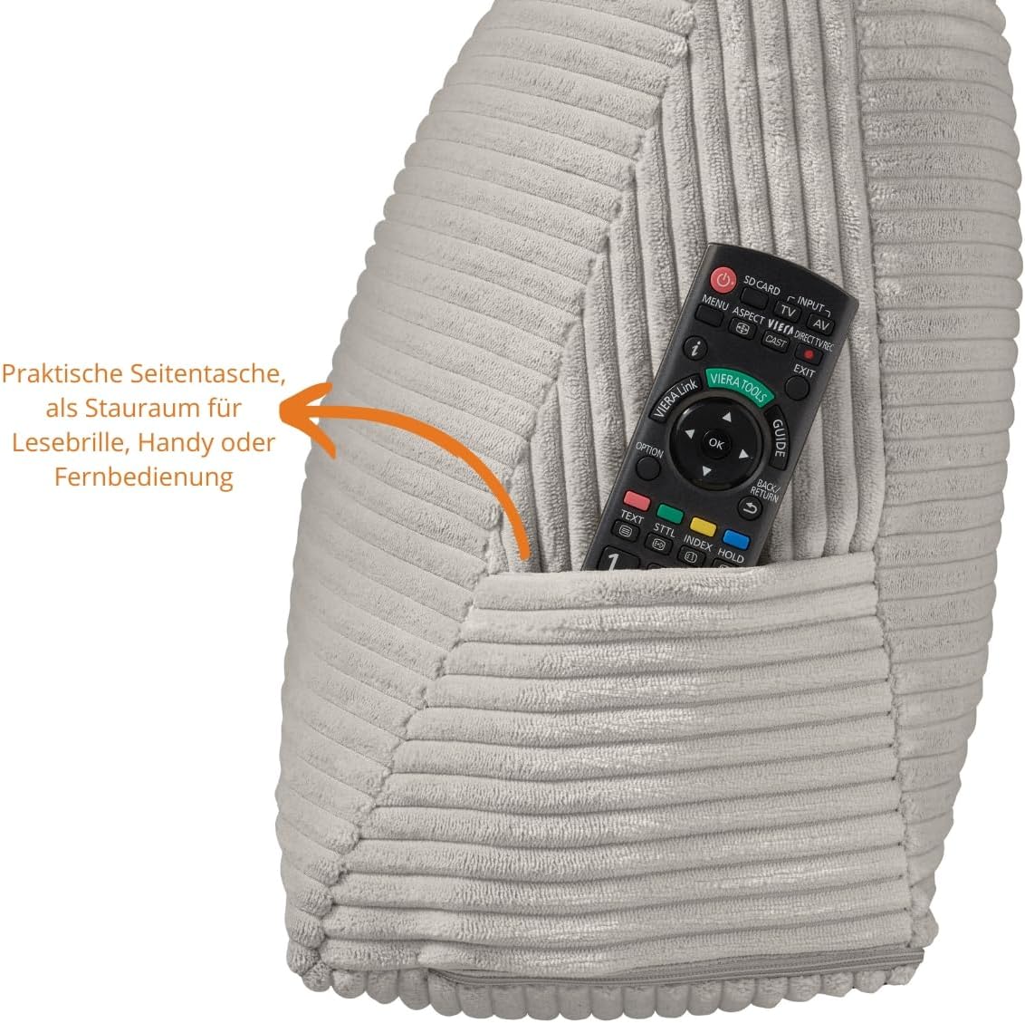 Keilkissen mit Seitenfach, für Bett und Sofa, Cord: Steingrau 70 x 40 x 20 cm
