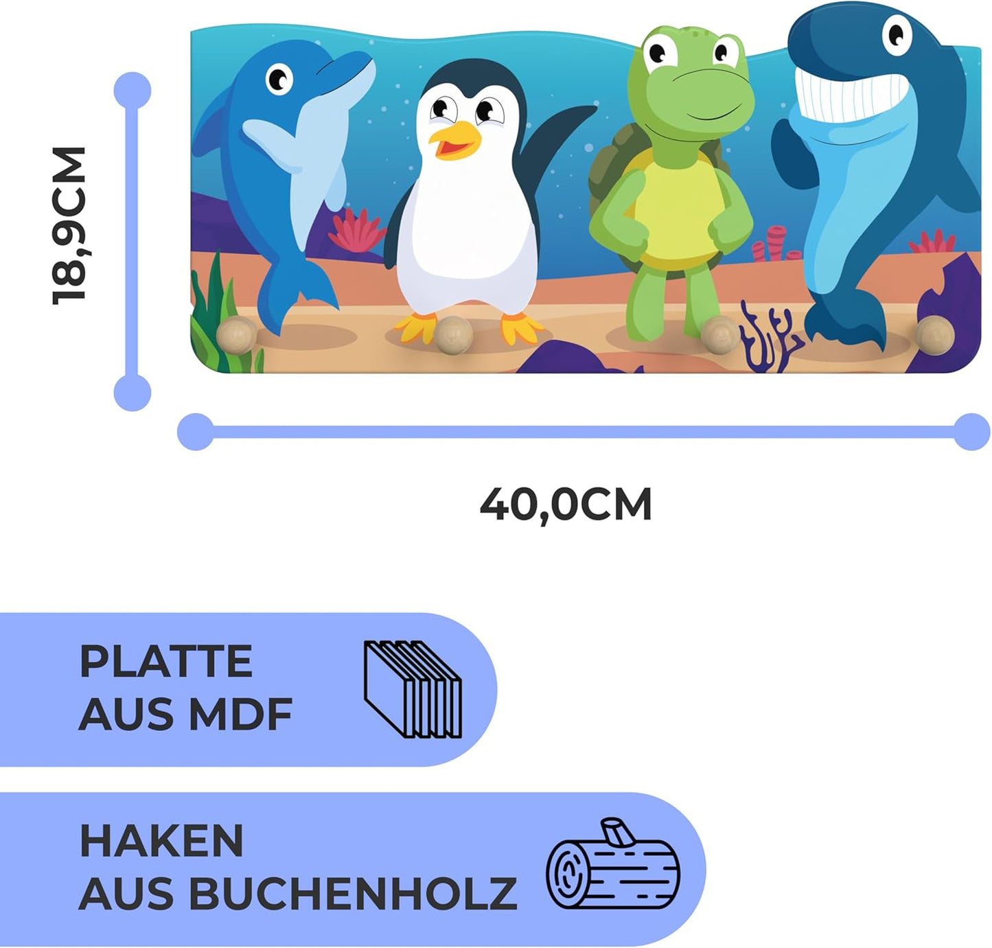 Kindergarderobe aus Holz mit 4 Haken (Unterwasser), Unterwasser