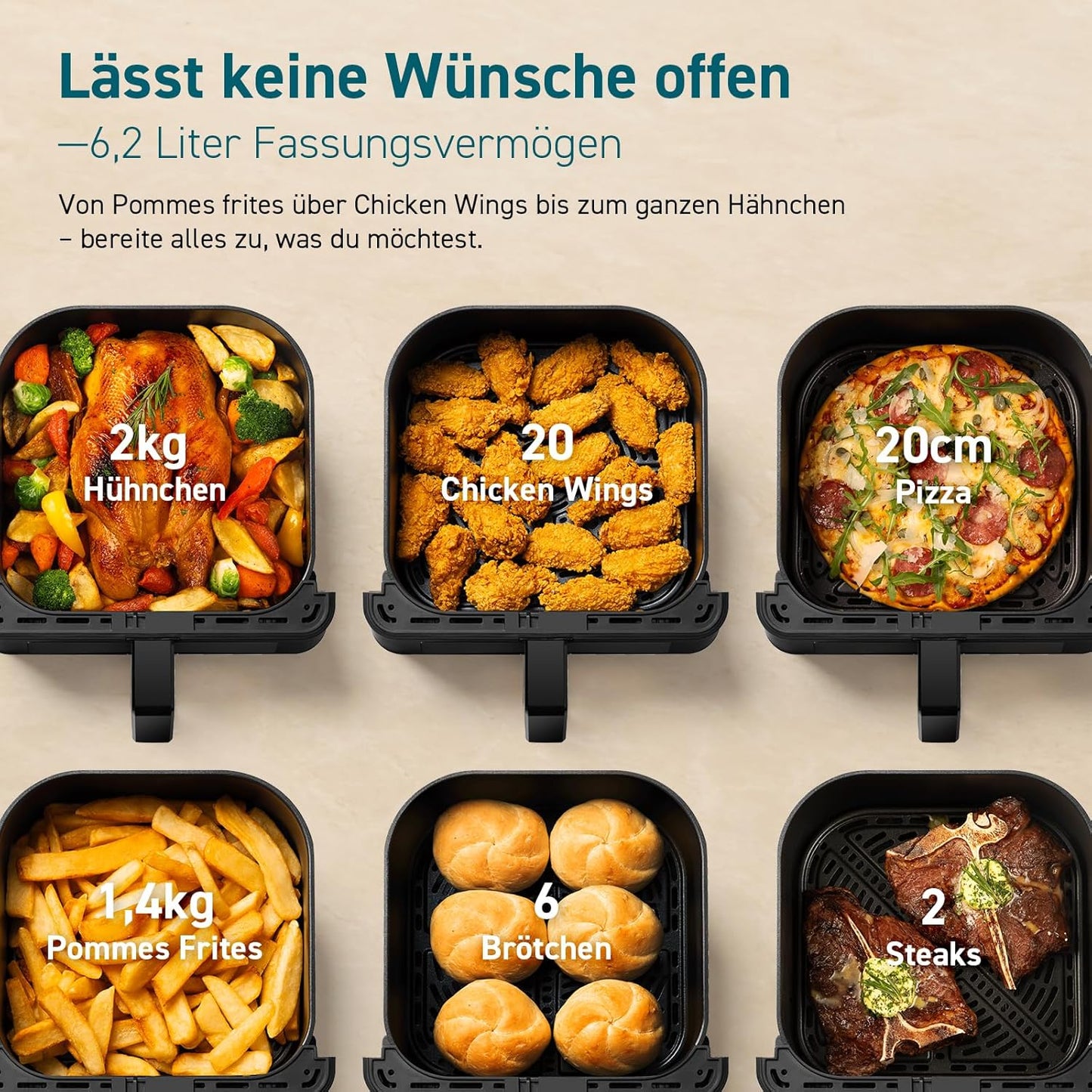 12-in-1 Heissluftfritteuse, Sichtfenster 6.2L Schwarz