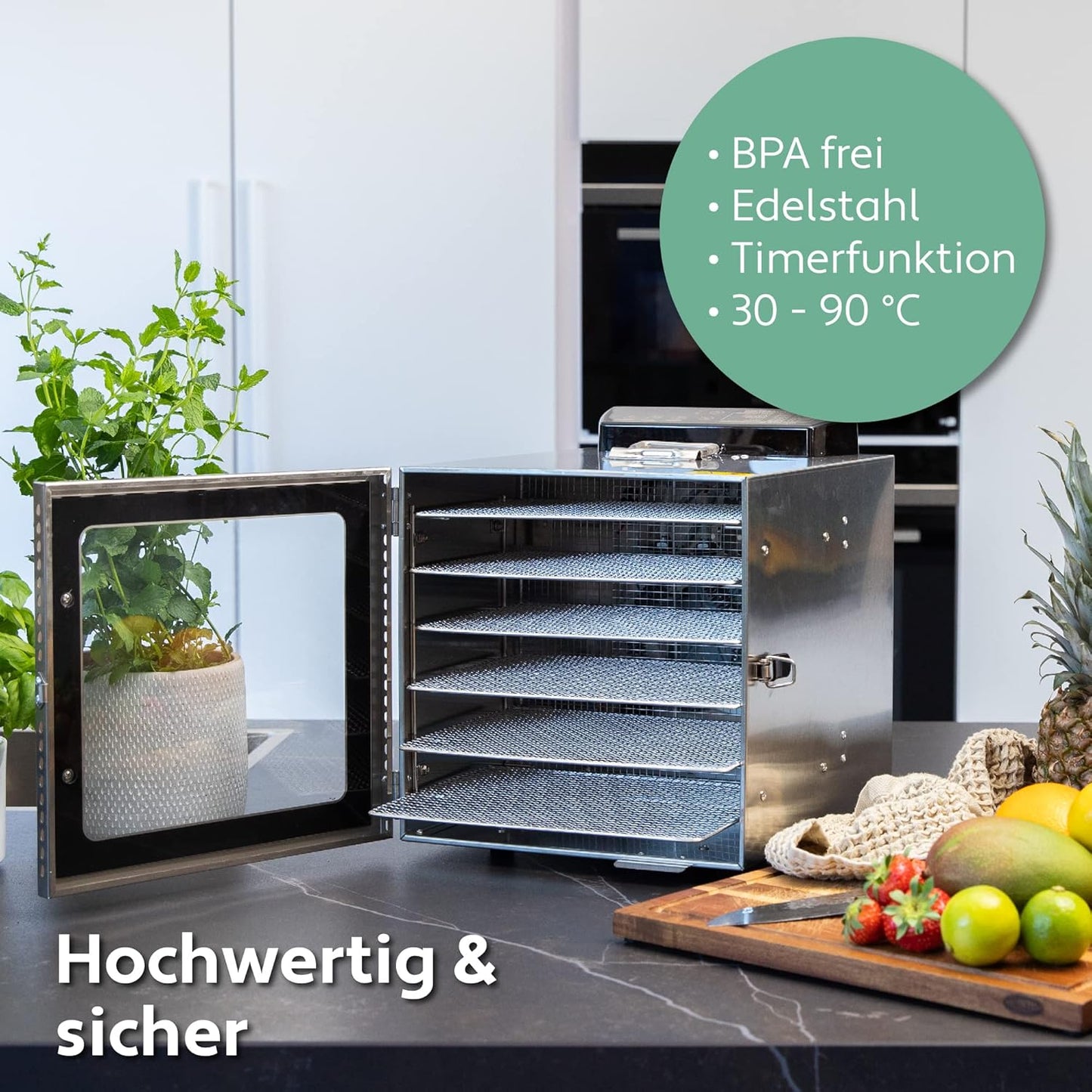Dörrautomat mit 6 Edelstahlgitter und Timer-Funktion, 6 Layer S Silber