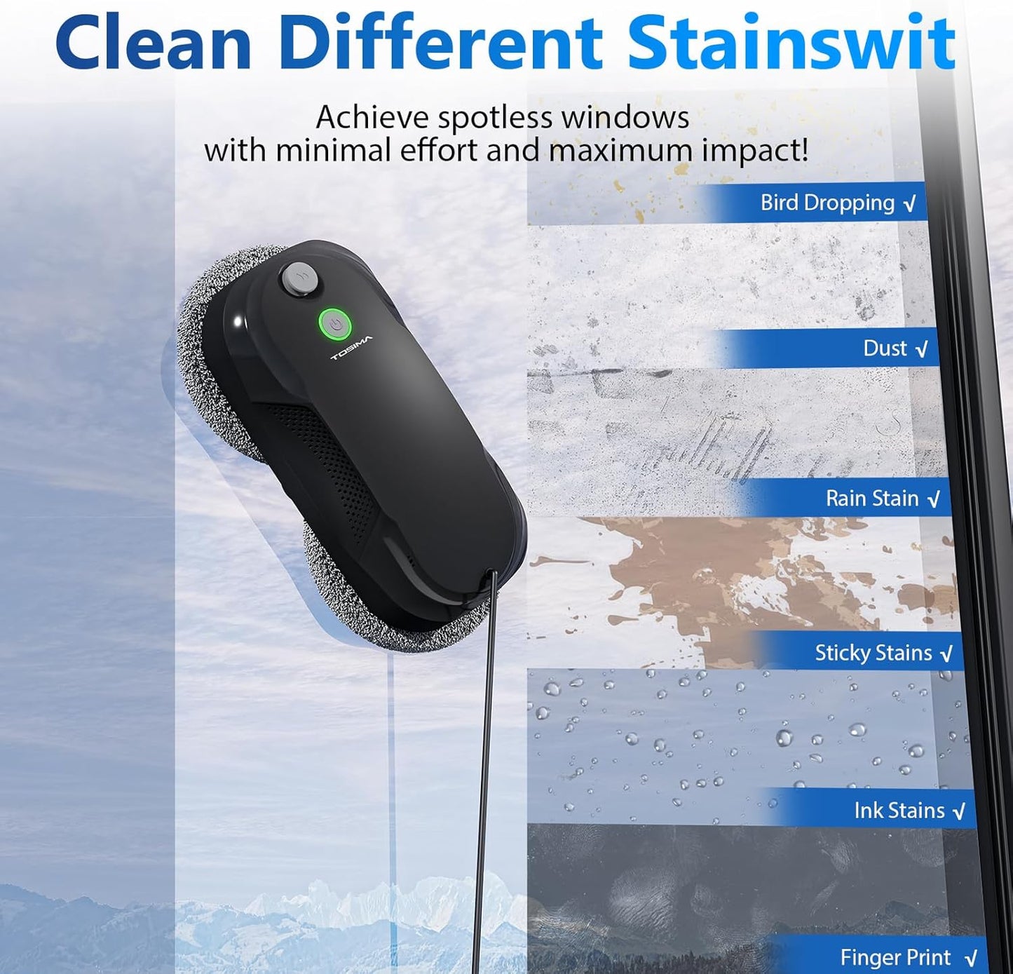 Fensterputzroboter W5 mit bidirektionalem Ultraschall-Wasserstrahl, Schwarz