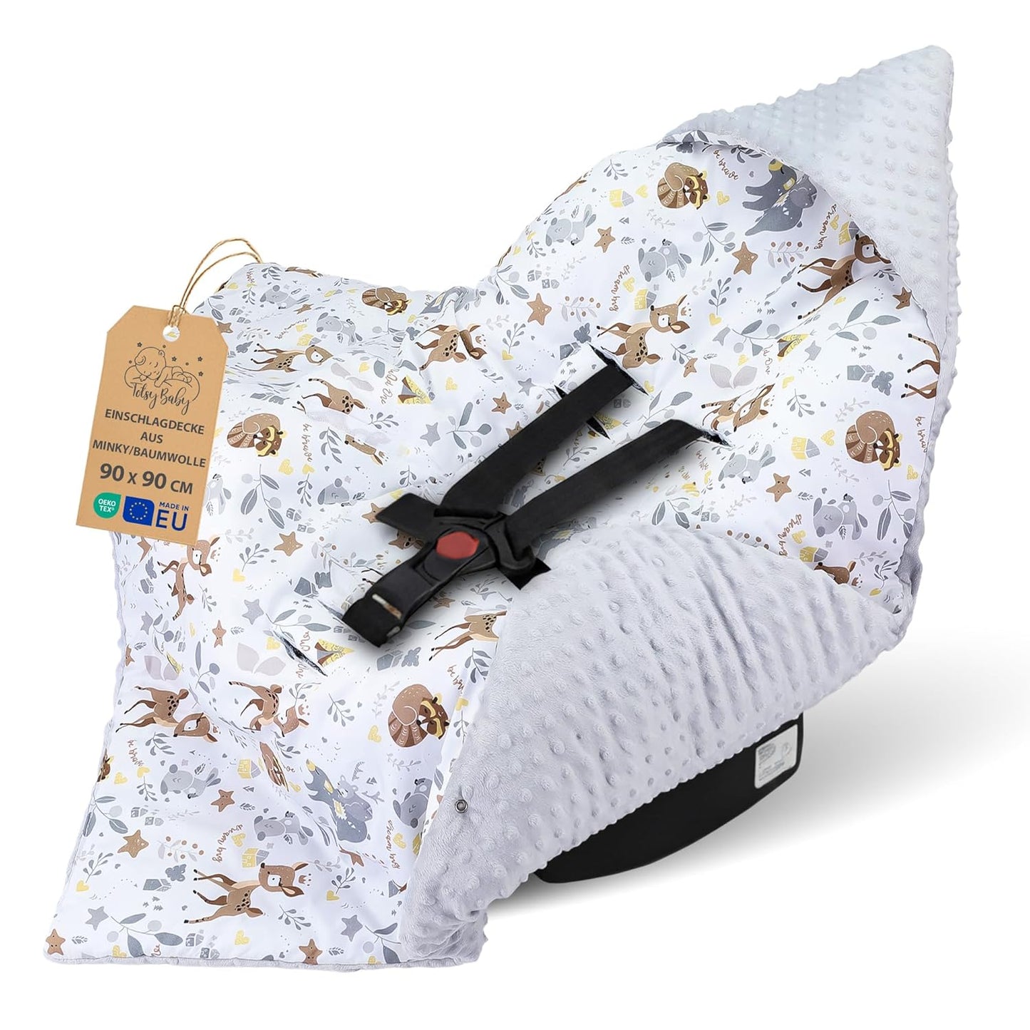 Einschlagdecke für Babyschale und Kinderwagen, Hirsch Hellgrau / Winter
