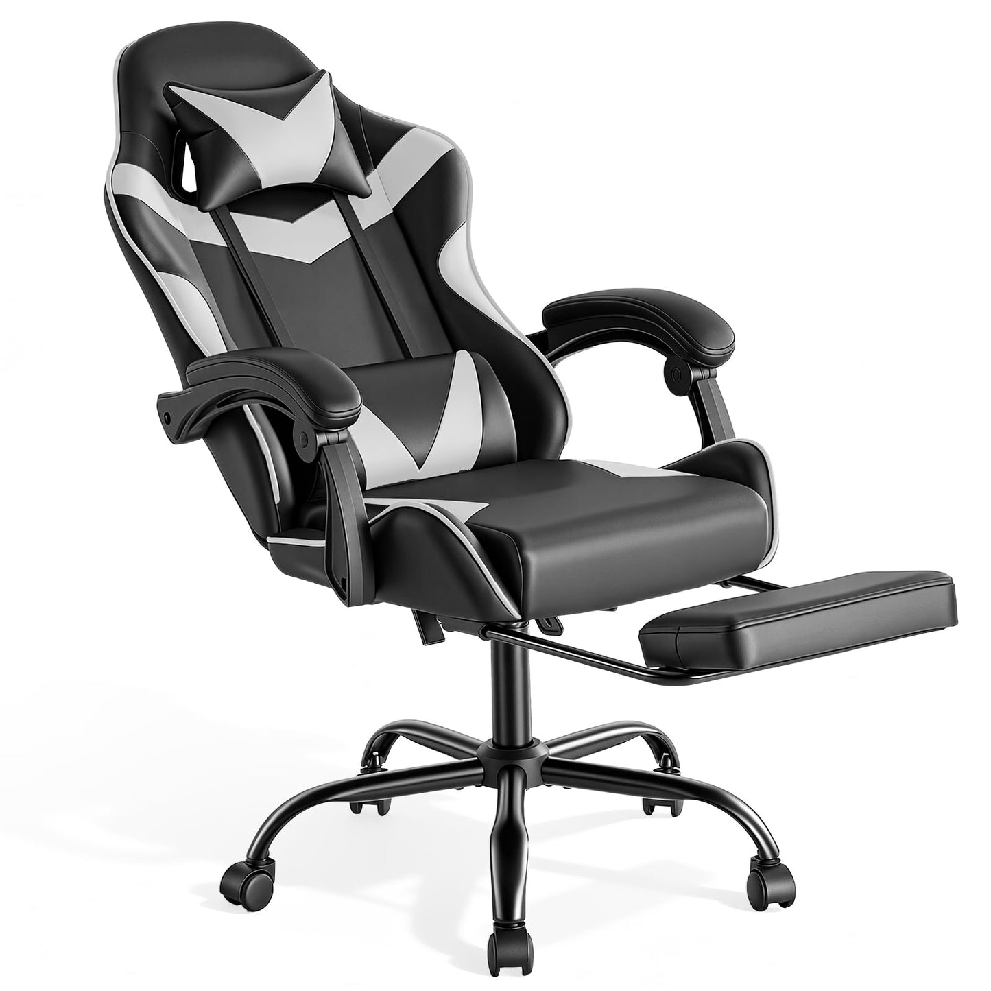 Ergonomischer Gaming-Stuhl mit Fussstütze, Modernes Weiss