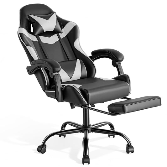 Ergonomischer Gaming-Stuhl mit Fussstütze, Modernes Weiss