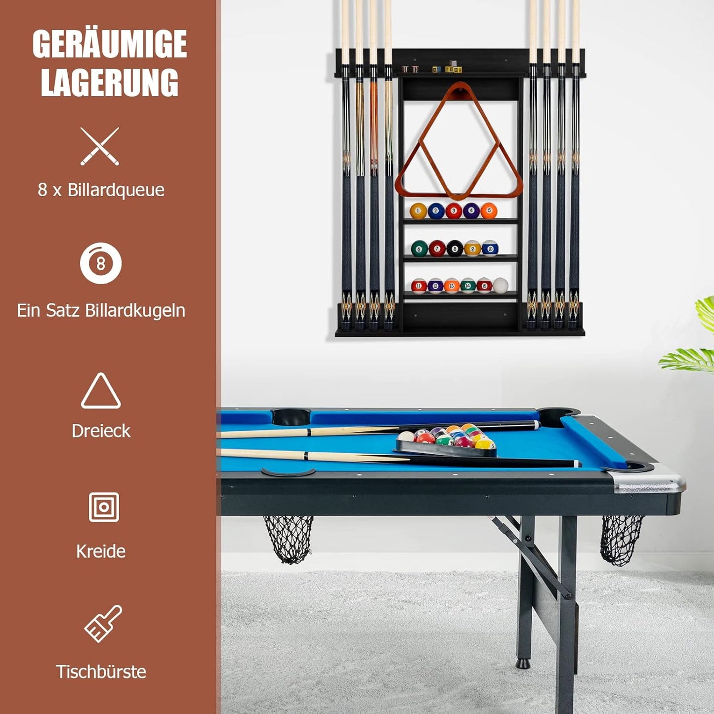 Billard Queue-Wandhalter für 8 Queues, Schwarz