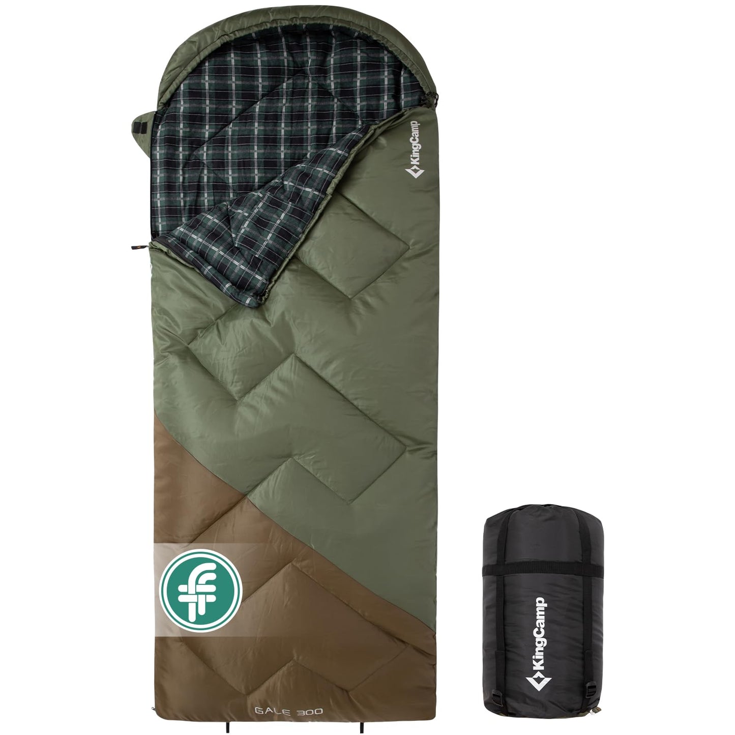 Schlafsack für Erwachsene, 300GSM Grün/Braun-R-Zip