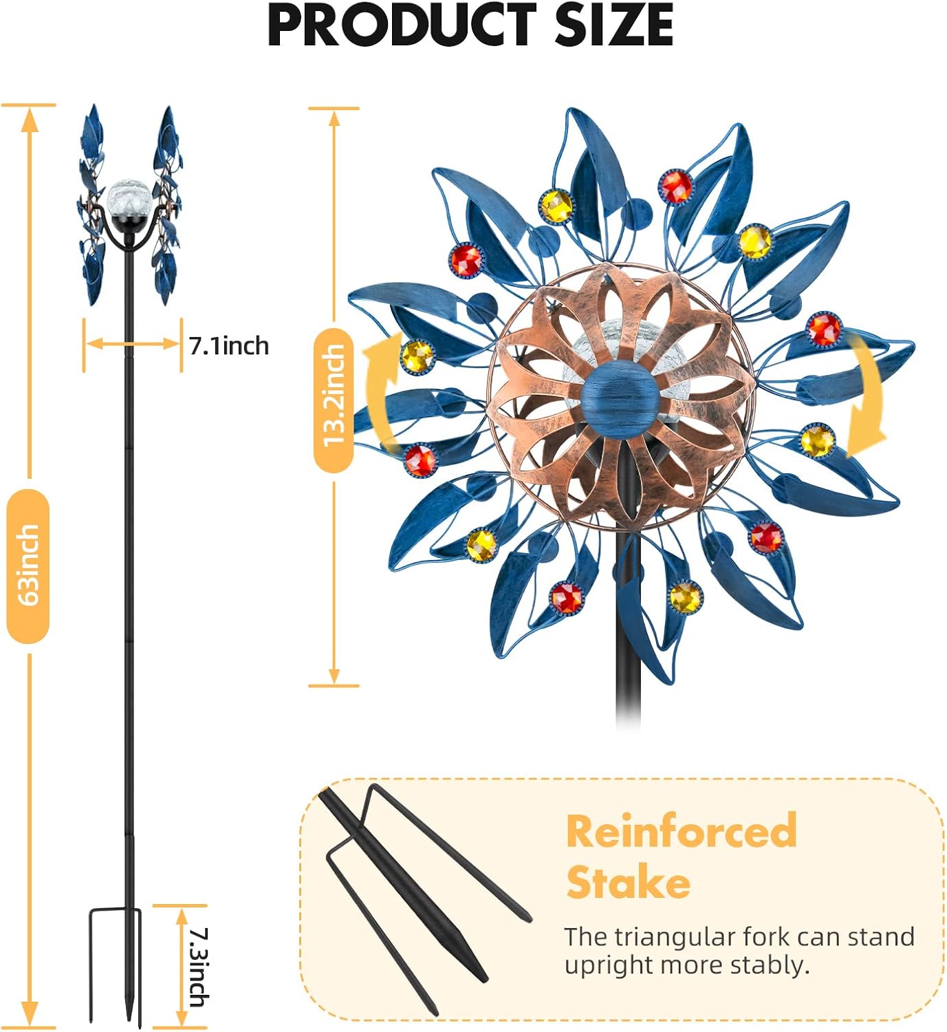 Solar-Windspinner-Skulptur für Garten & Terrasse, Höhe 12 Zoll, Durchmesser der Blüte 8 Zoll