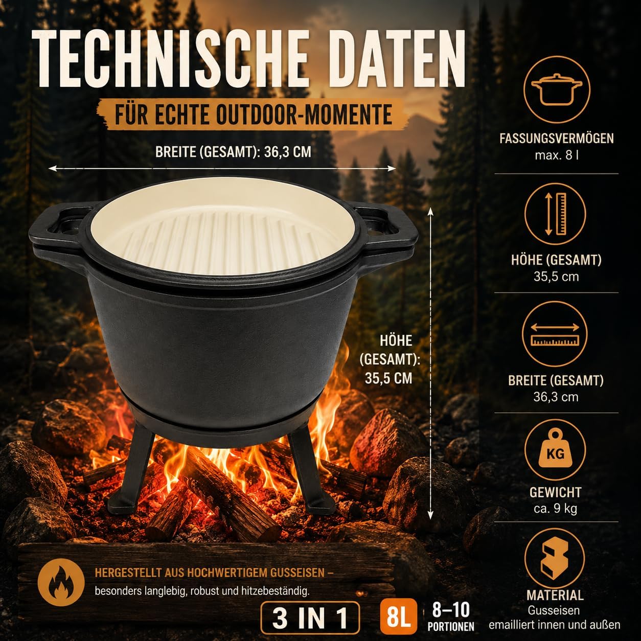 Kessel mit Grillpfanne und Dreibein, 8L