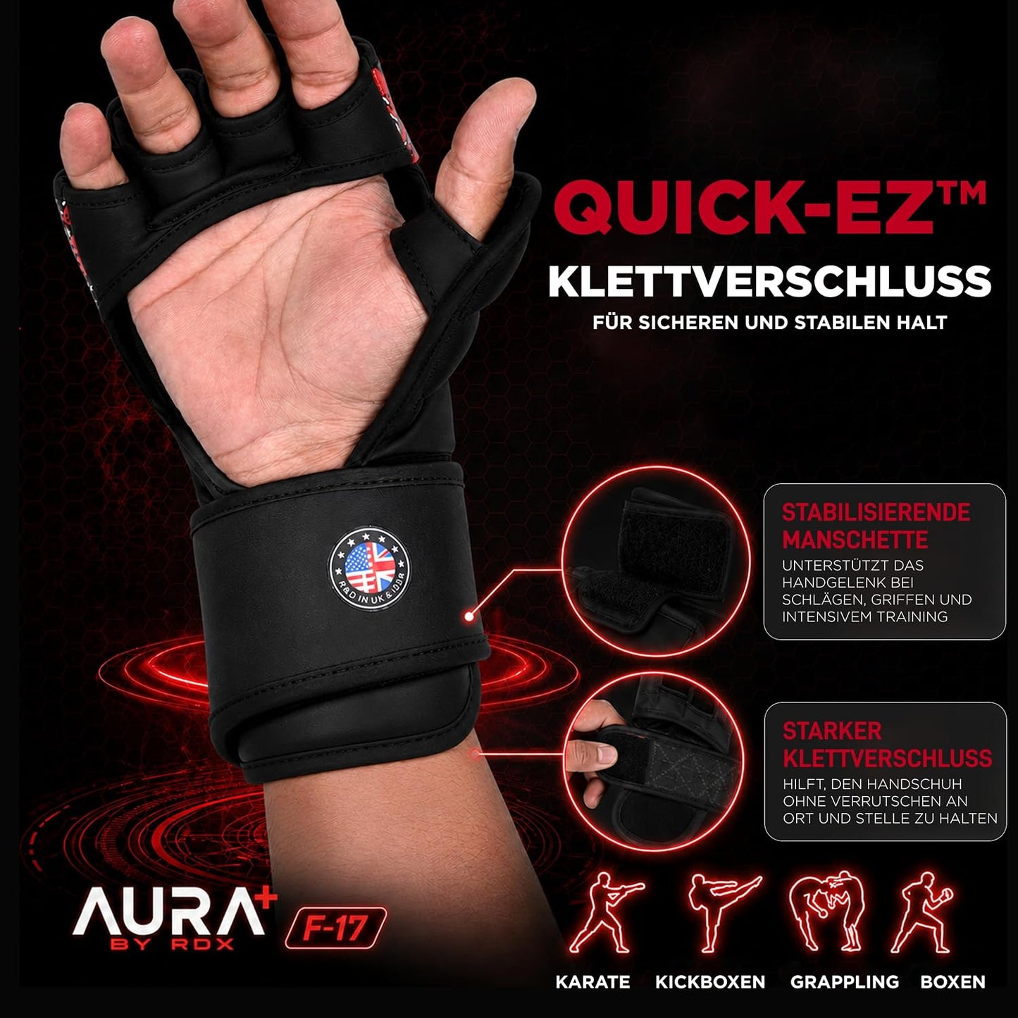 Grappling Handschuhe Aura Plus F-17 für MMA Training, Black/Red S