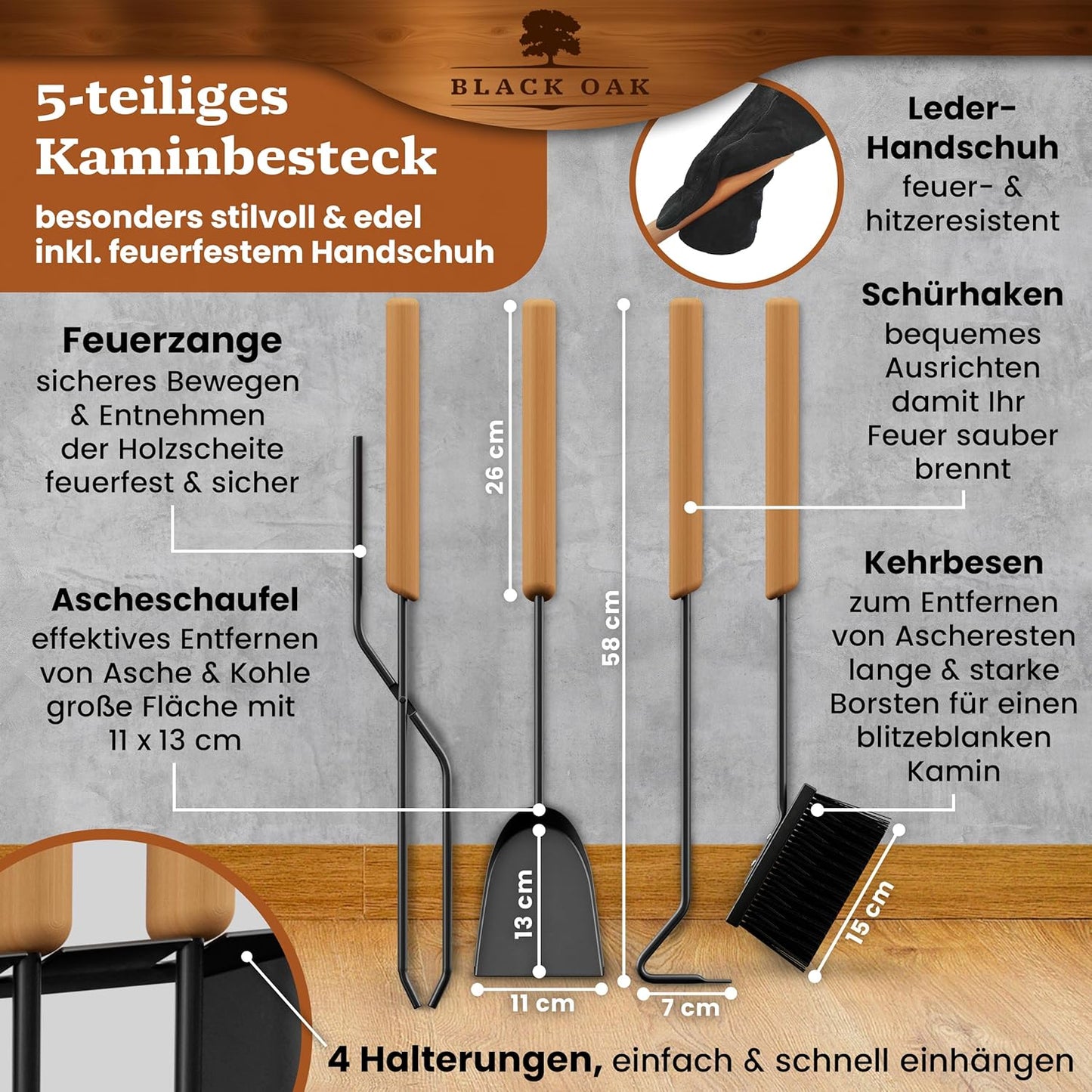 Kaminbesteck-Set Davos mit Lederhandschuh 5-teilig, Kaminbesteck + Handschuh