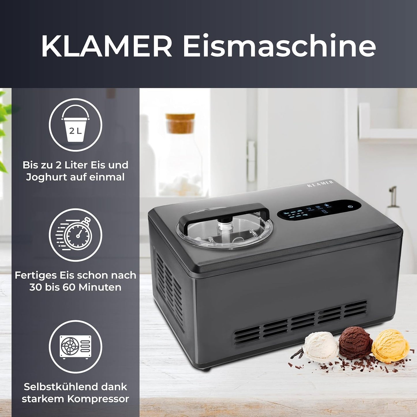 2-in-1 Eismaschine & Joghurtbereiter 2L, Edelstahl, 2L Pro Schwarz