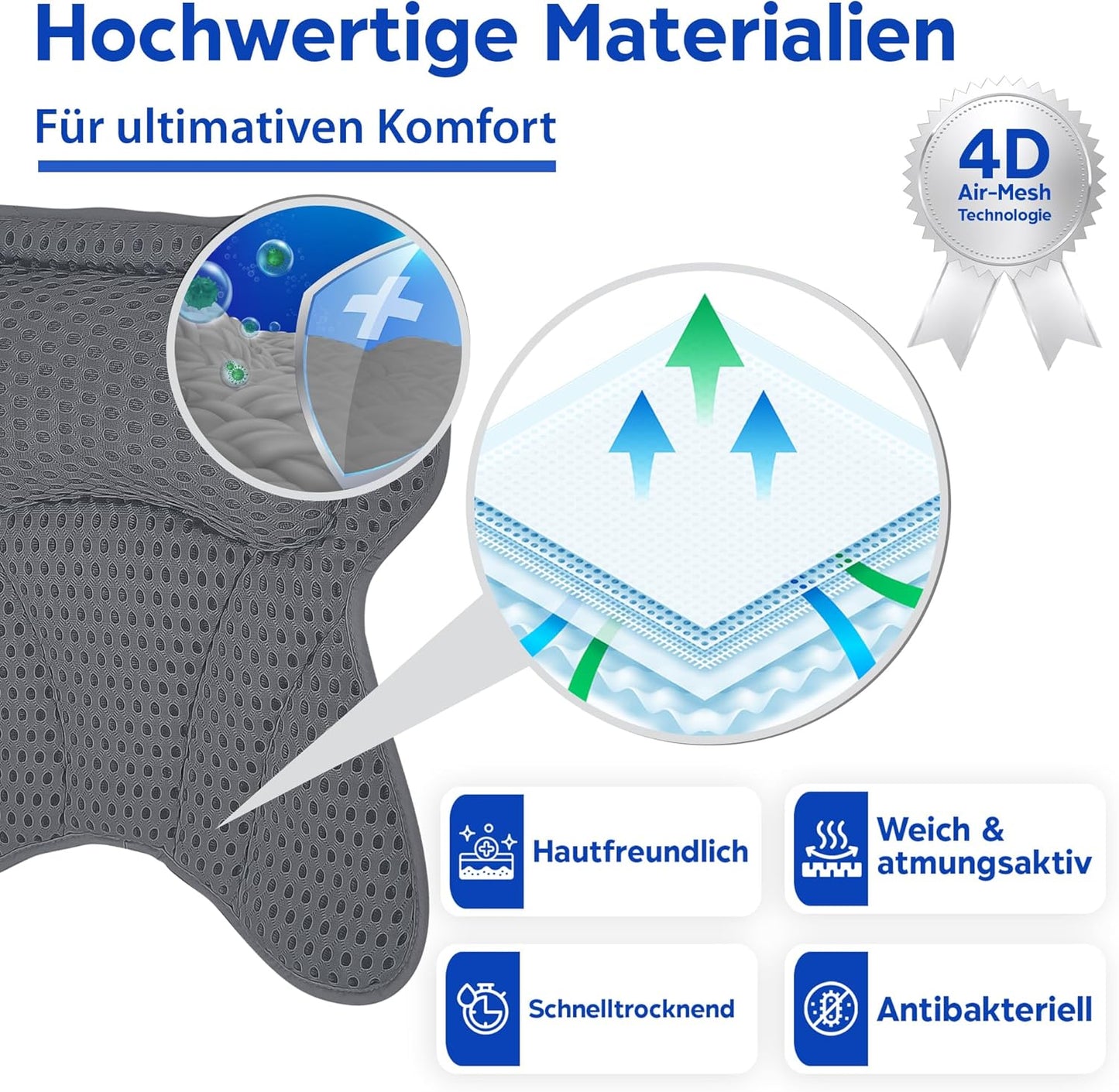 Ergonomisches Badewannenkissen mit Saugnäpfen, Grau L extra breit