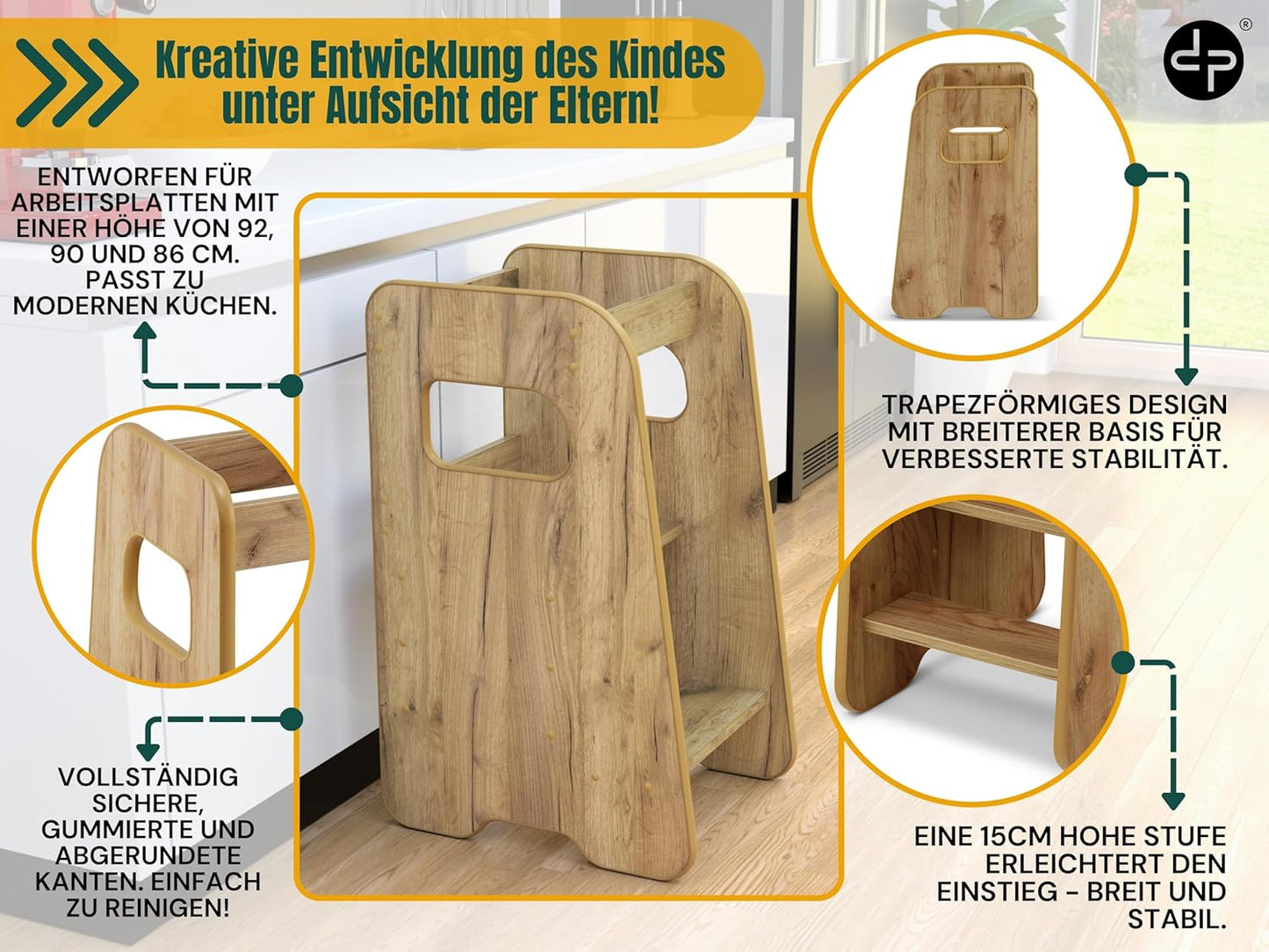 Höhenverstellbarer Lernturm mit Kippschutz, Eiche