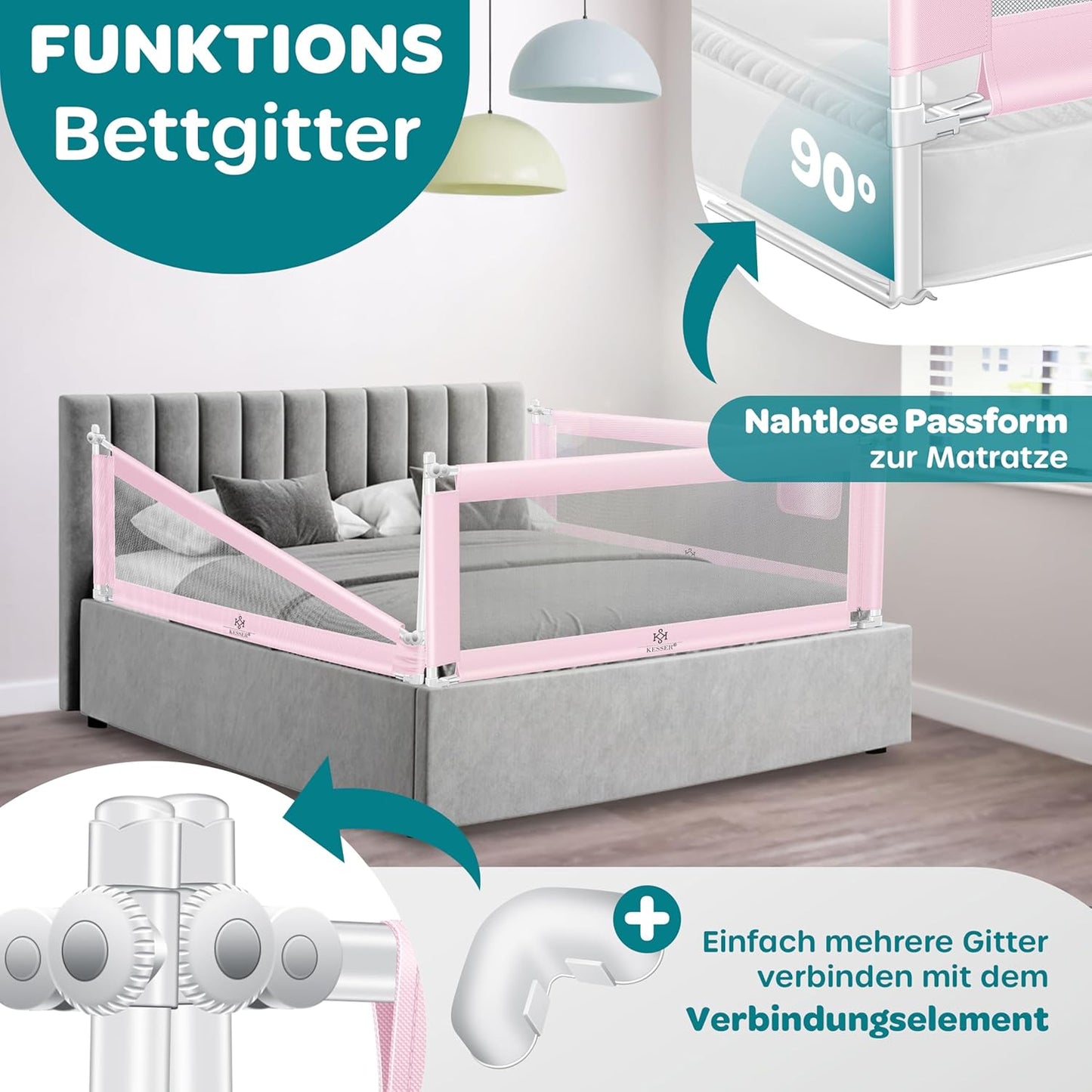Höhenverstellbares Bettschutzgitter, Rosa 150cm