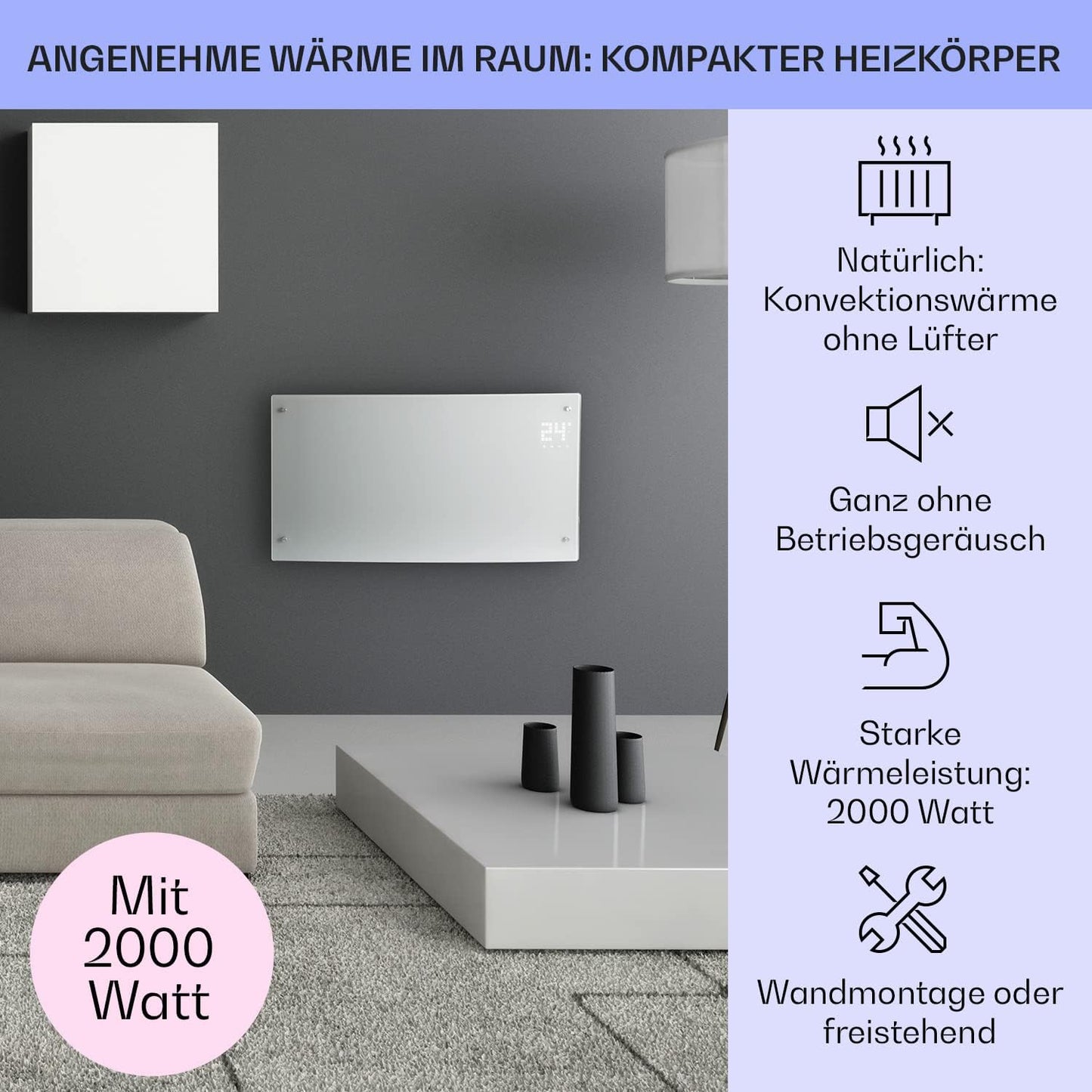 Konvektorheizung mit Fernbedienung und LED-Display, Weiss / Bornholm Curved