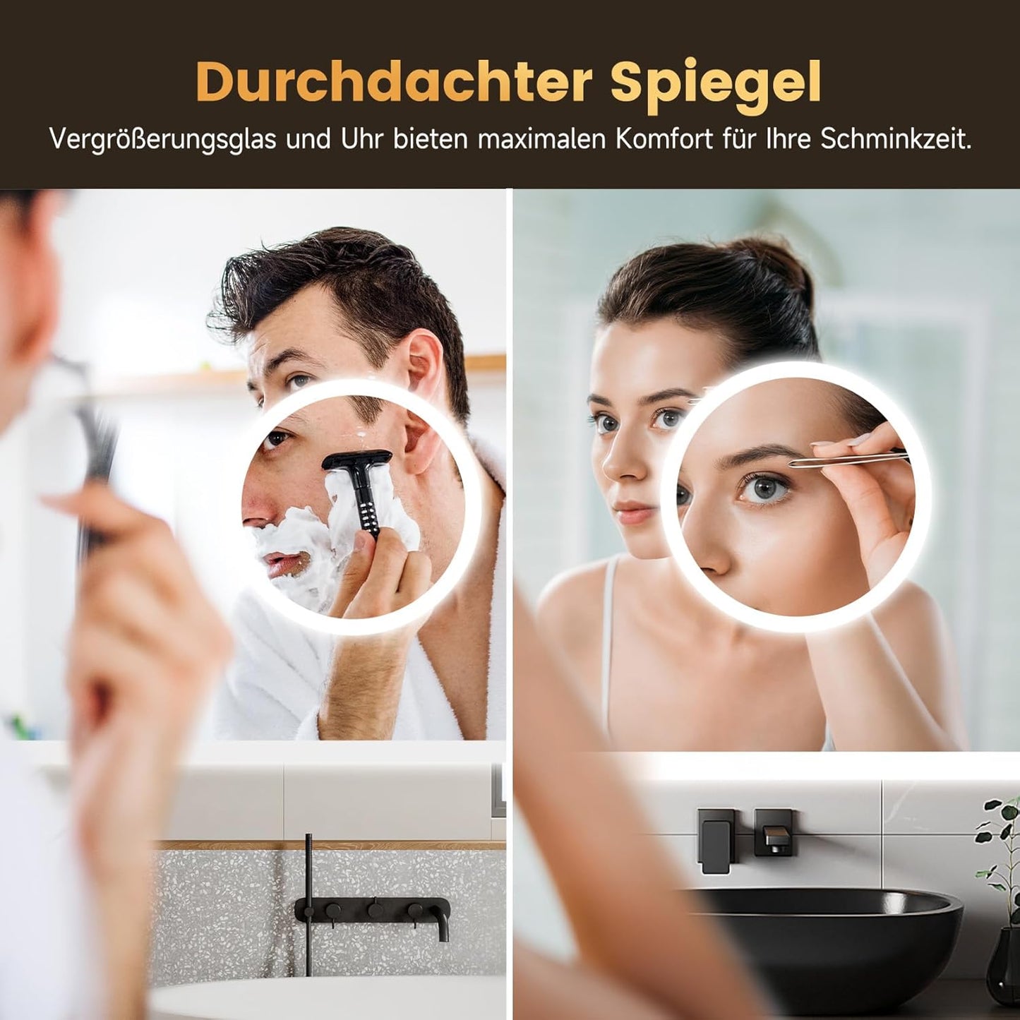 LED-Badspiegel mit Uhr und Schminkspiegel, 60L x 100B cm mit Uhr