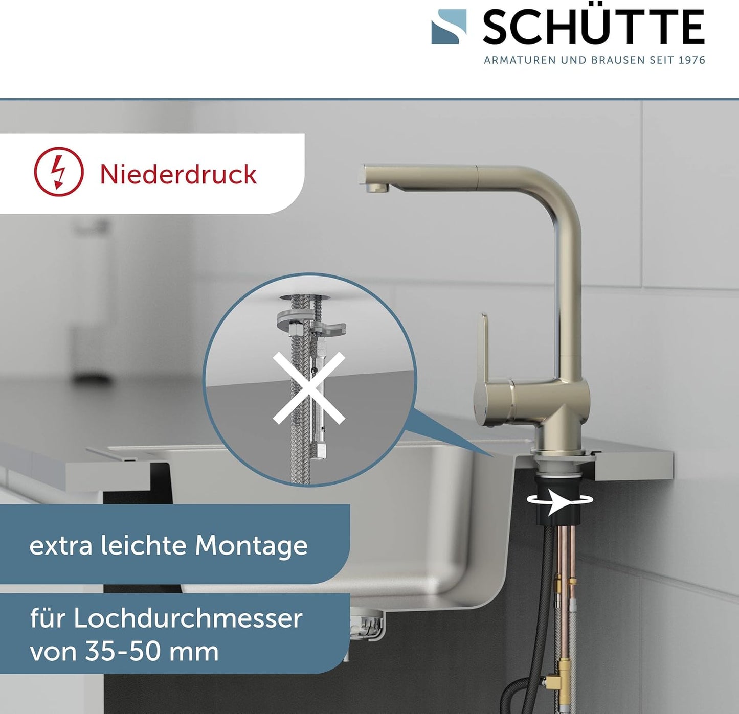 Niederdruck-Küchenarmatur mit ausziehbarer Brause, Niederdruck Edelstahl