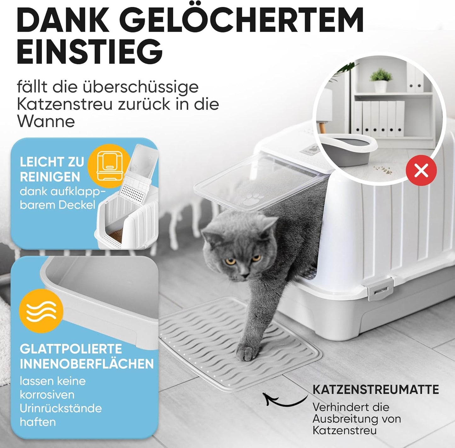Geschlossene Katzentoilette mit Aktivkohlefilter, geschlossen weiss
