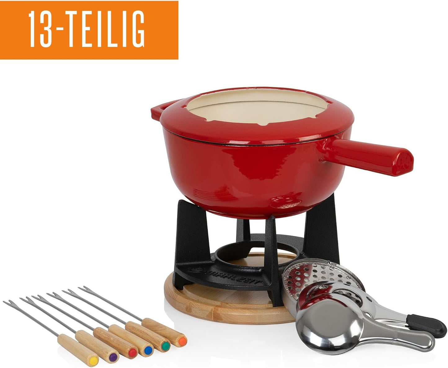 Fondue-Set, Rot / Creme Emailliert