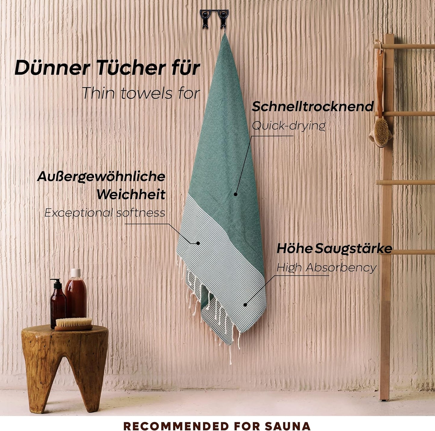 Hamamtuch-Set XXL (3er Set) für Sauna & Picknick, Set Of 3 -H- Mintgrün, Creme & Dunkelgrün Honeycomb