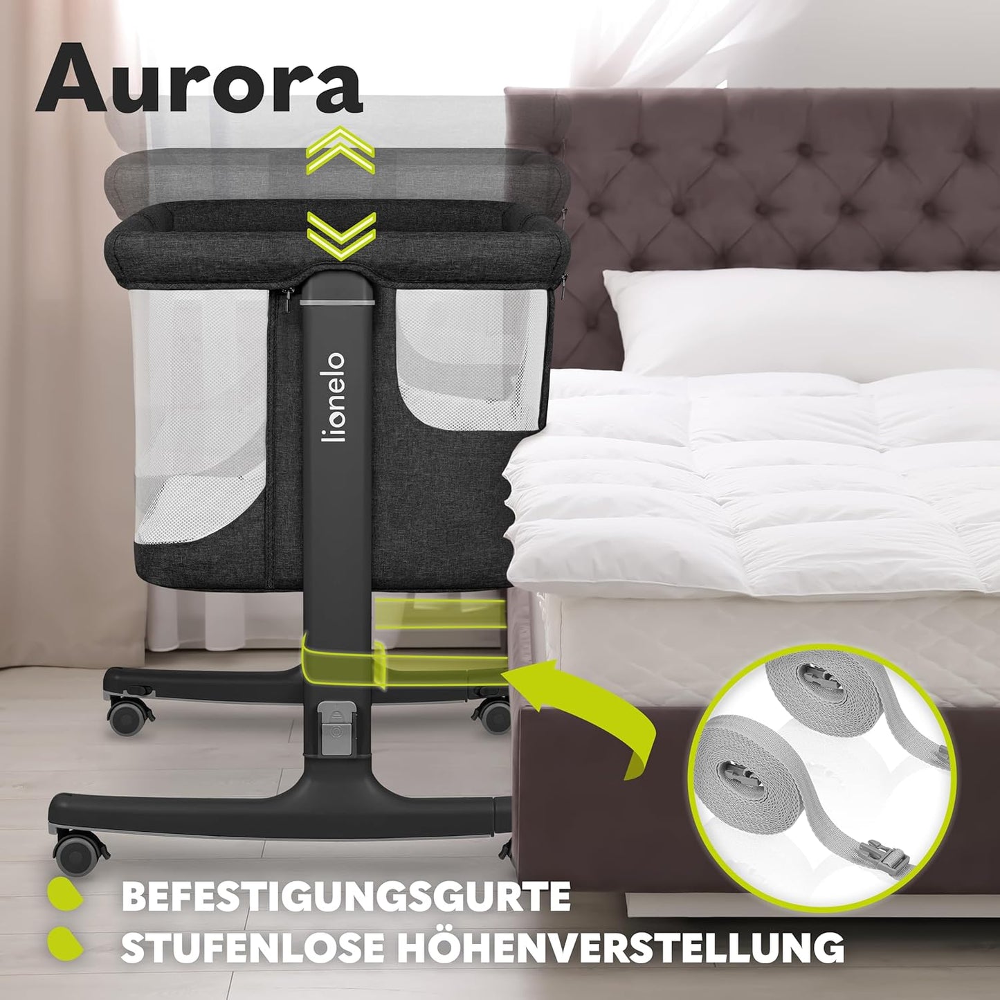 3 in 1 Babybett, Beistellbett und Wiege mit Höhenverstellung, Graphit Large