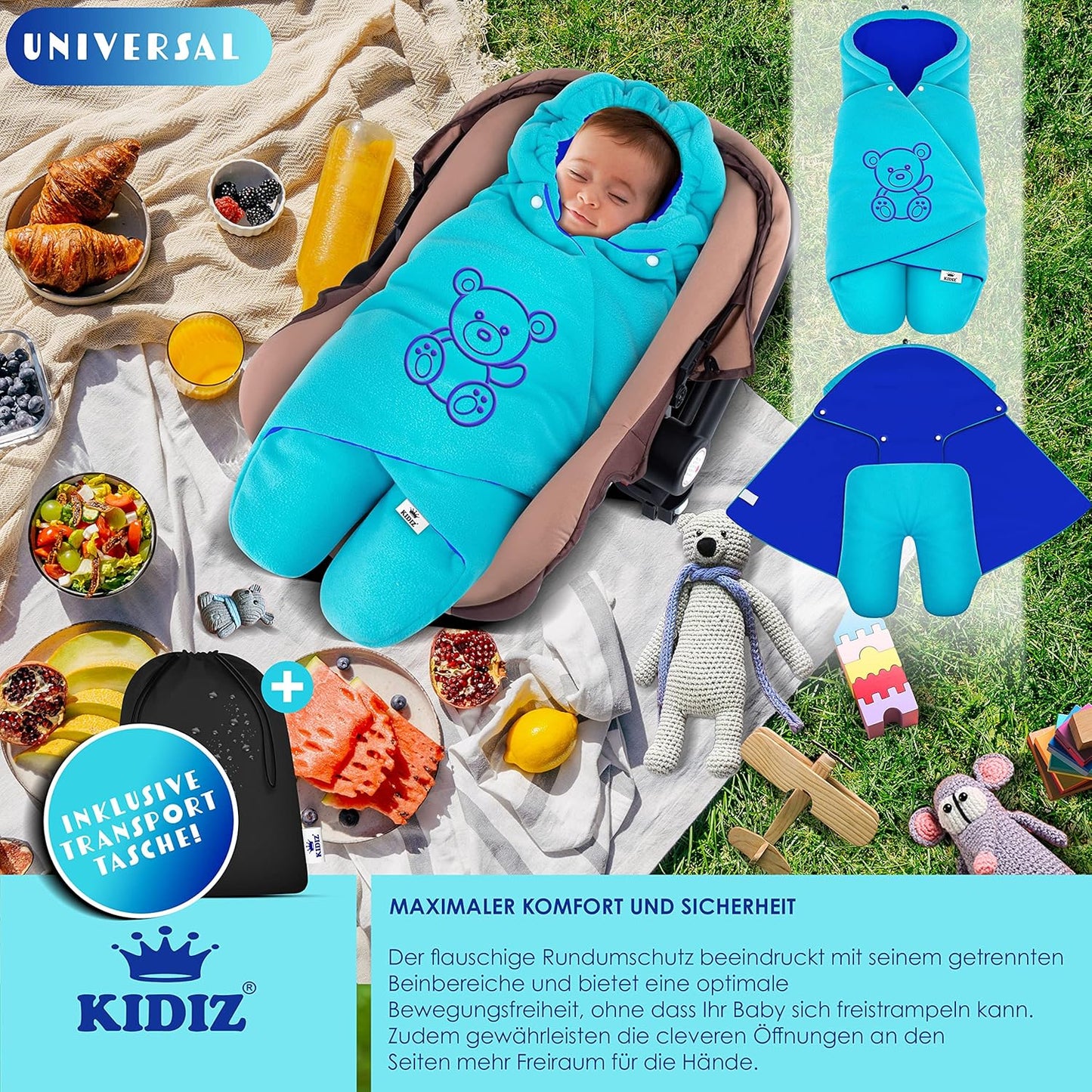 Einschlagdecke für Babyschale & Kinderwagen, Aqua / Marineblau