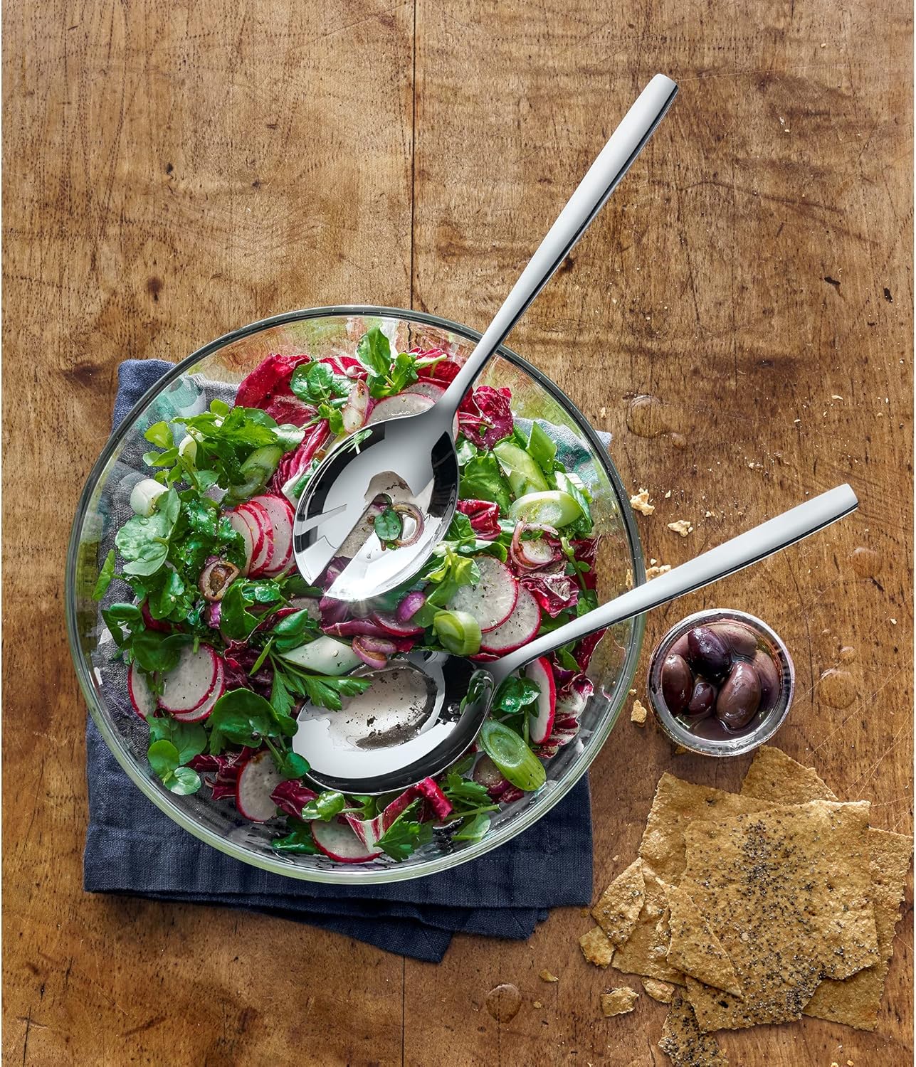 Salatschüssel Set mit Salatbesteck 25cm Taverno Glas Edelstahl 18/10 poliert, Salatschüssel 23.5 cm