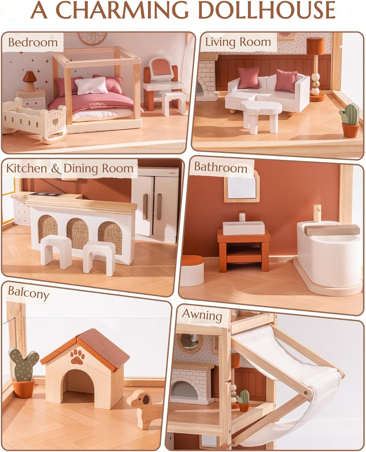 3-stöckiges Puppenhaus mit Zubehör und Möbeln