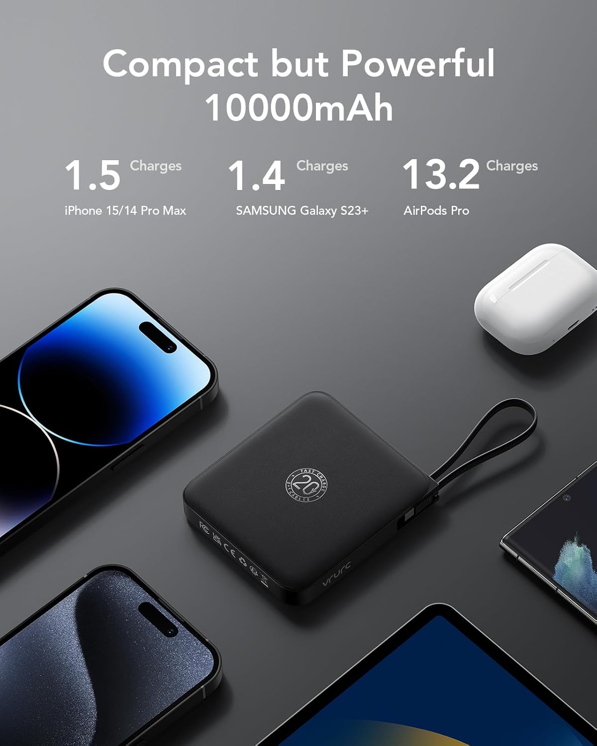 Powerbank mit integriertem Kabel, schwarz