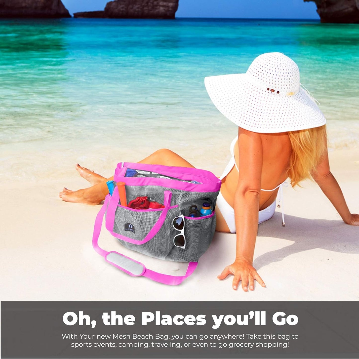 Netz-Strandtasche, Grau/Rosa