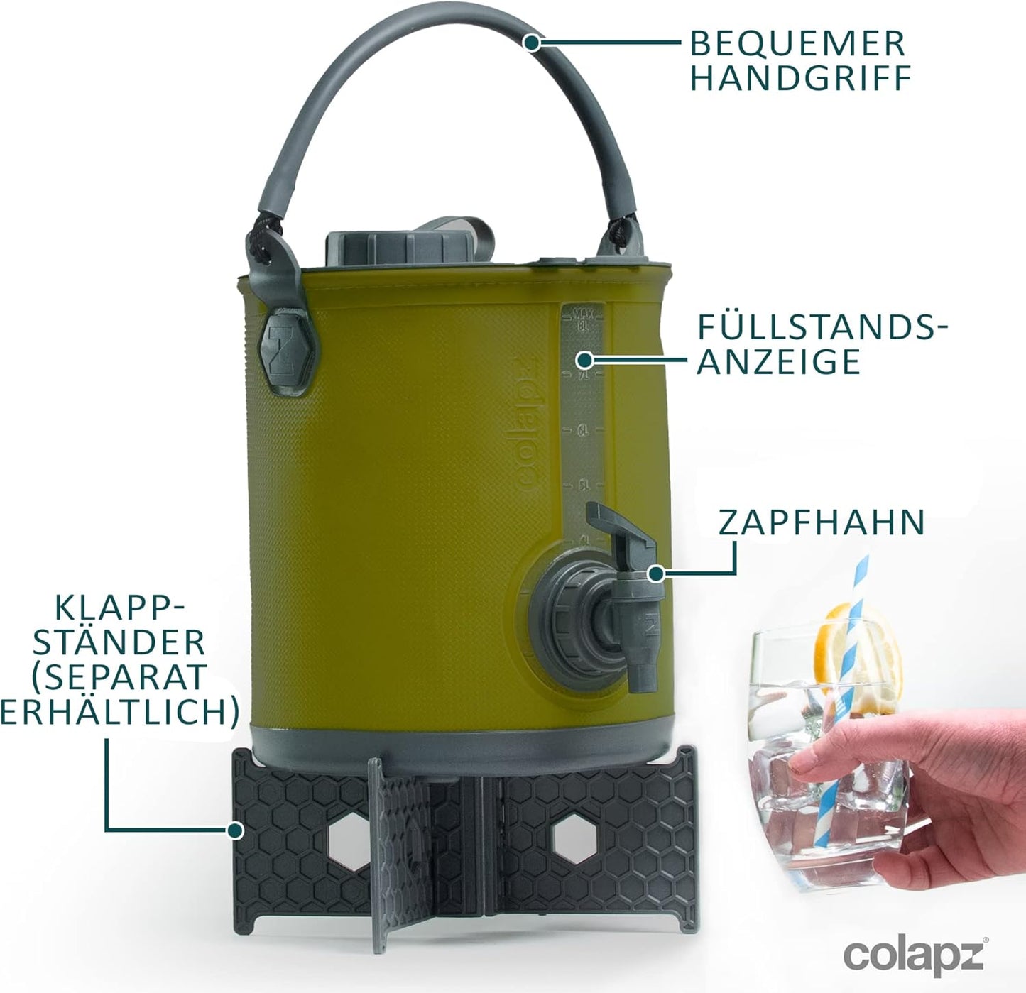 2-in-1 Faltbarer Wasserkanister mit Hahn, 8l, Olivgrün