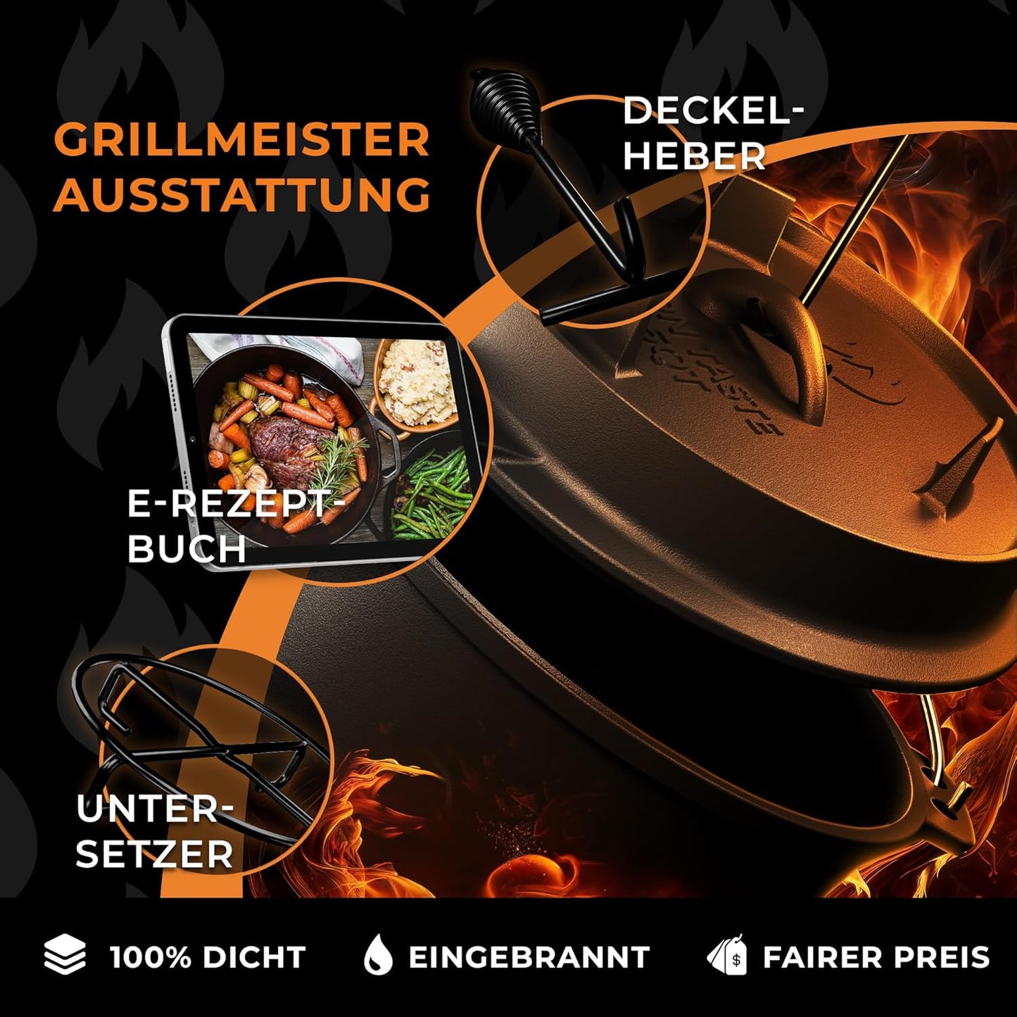 Dutch Oven Set mit Deckelheber & Untersetzer, ohne Füssen / 9 Liter