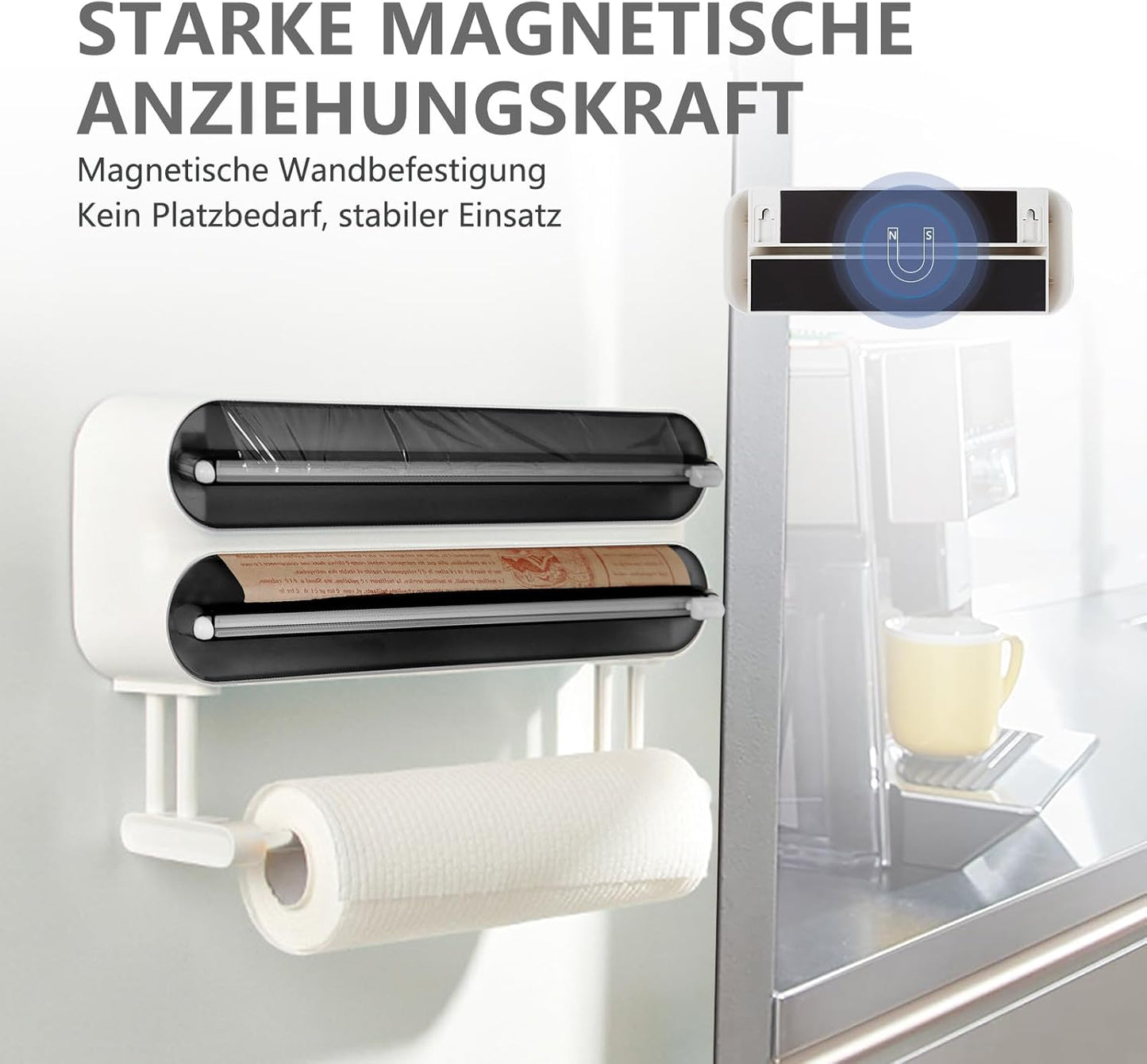 3-in-1 Küchenrollen- und Folienspender mit Cutter, Weiss/Opulenter Garten
