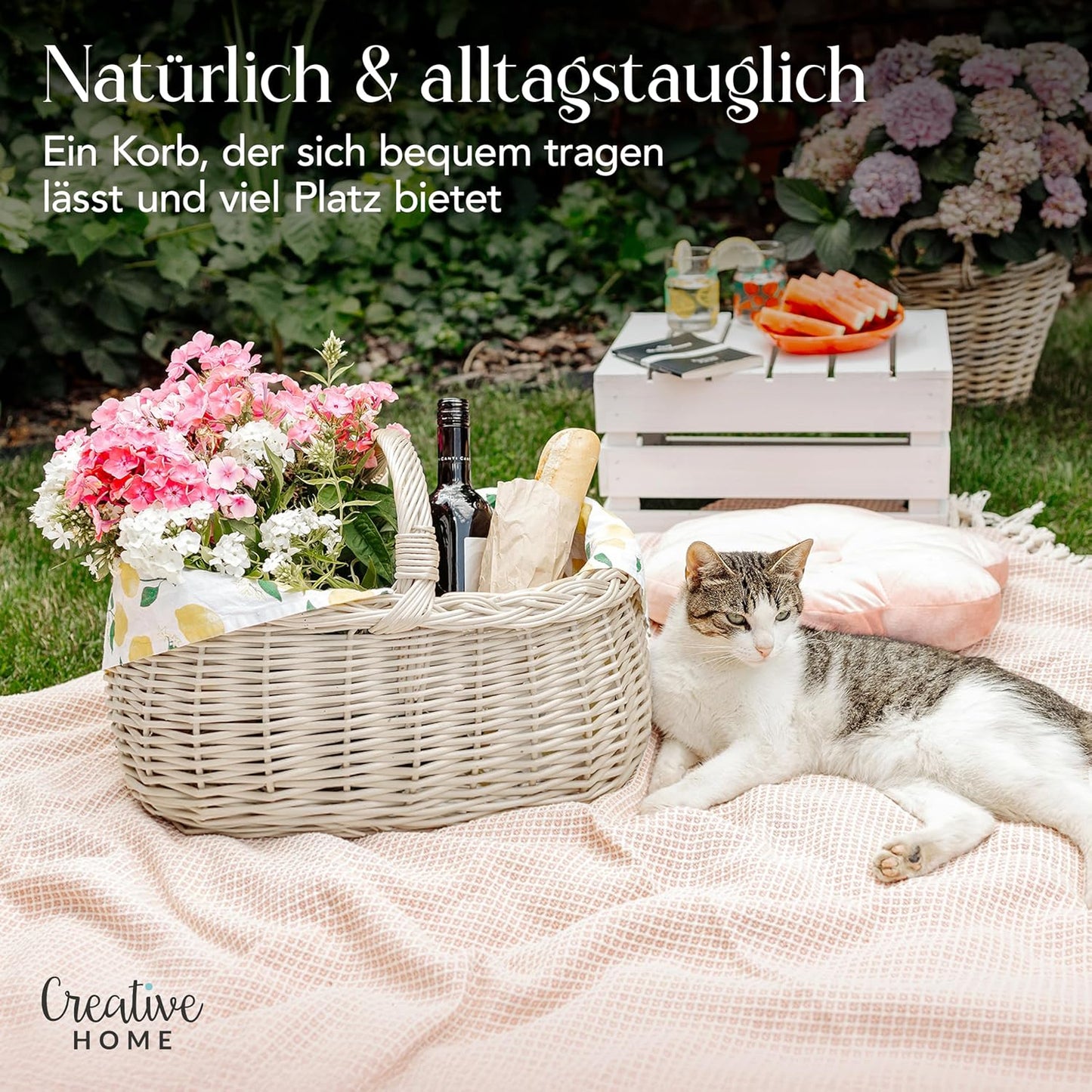 Picknickkorb mit Henkel, 45 x 32 x 34 cm Weiß (ohne Stoffeinlage)