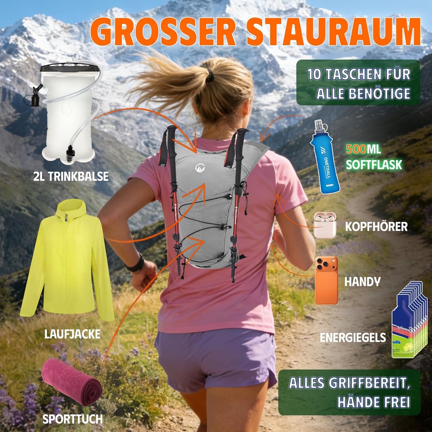 Trinkweste mit Trinkblase und Flasche, Grau mit eine 500ml Trinkflasche + eine 2L Trinkblase