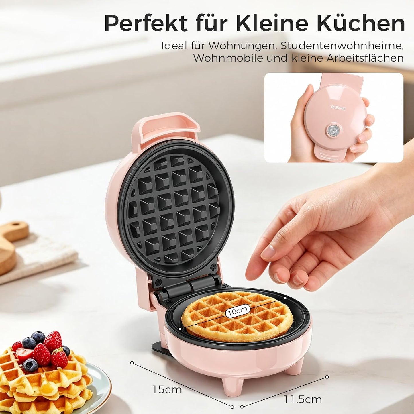 Mini-Waffeleisen mit Antihaftbeschichtung, Rosa