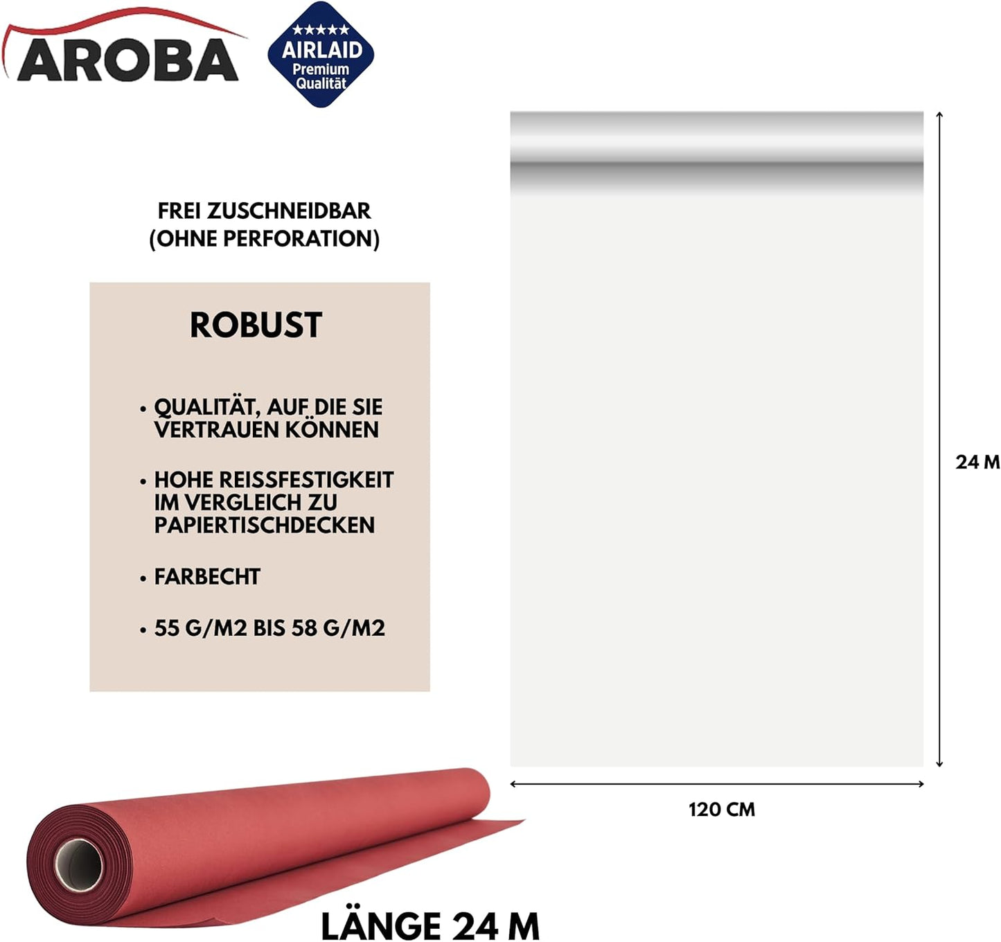 Airlaid Tischdeckenrolle, 2400 x 120 cm (Rechteckig) Rot Burgund
