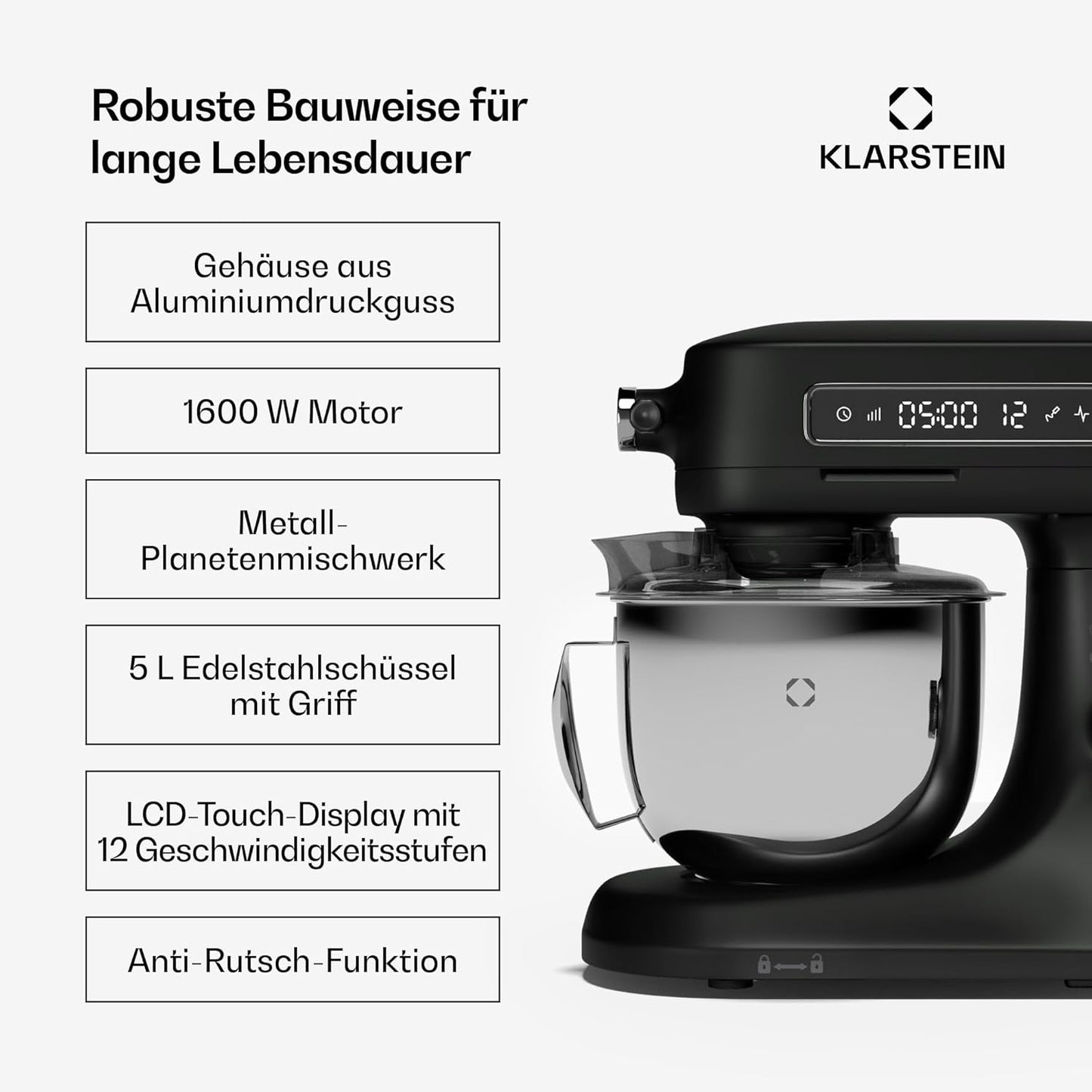 Küchenmaschine mit LCD-Touch & 5L Schüssel, Schwarz Chiara Küchenmaschine